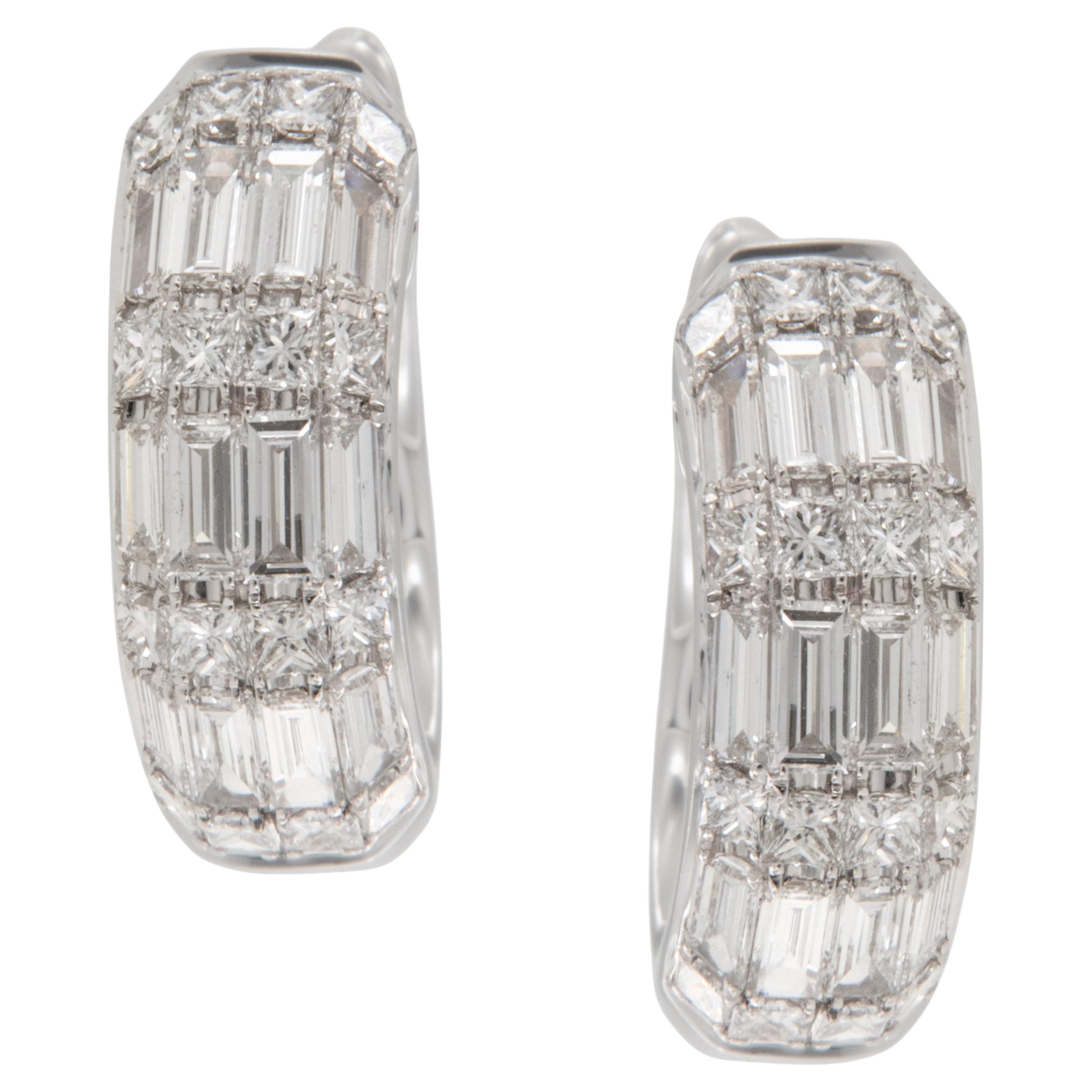 Orecchini a cerchio in oro bianco 18 carati con diamanti taglio baguette e principessa da 1,42 cttw