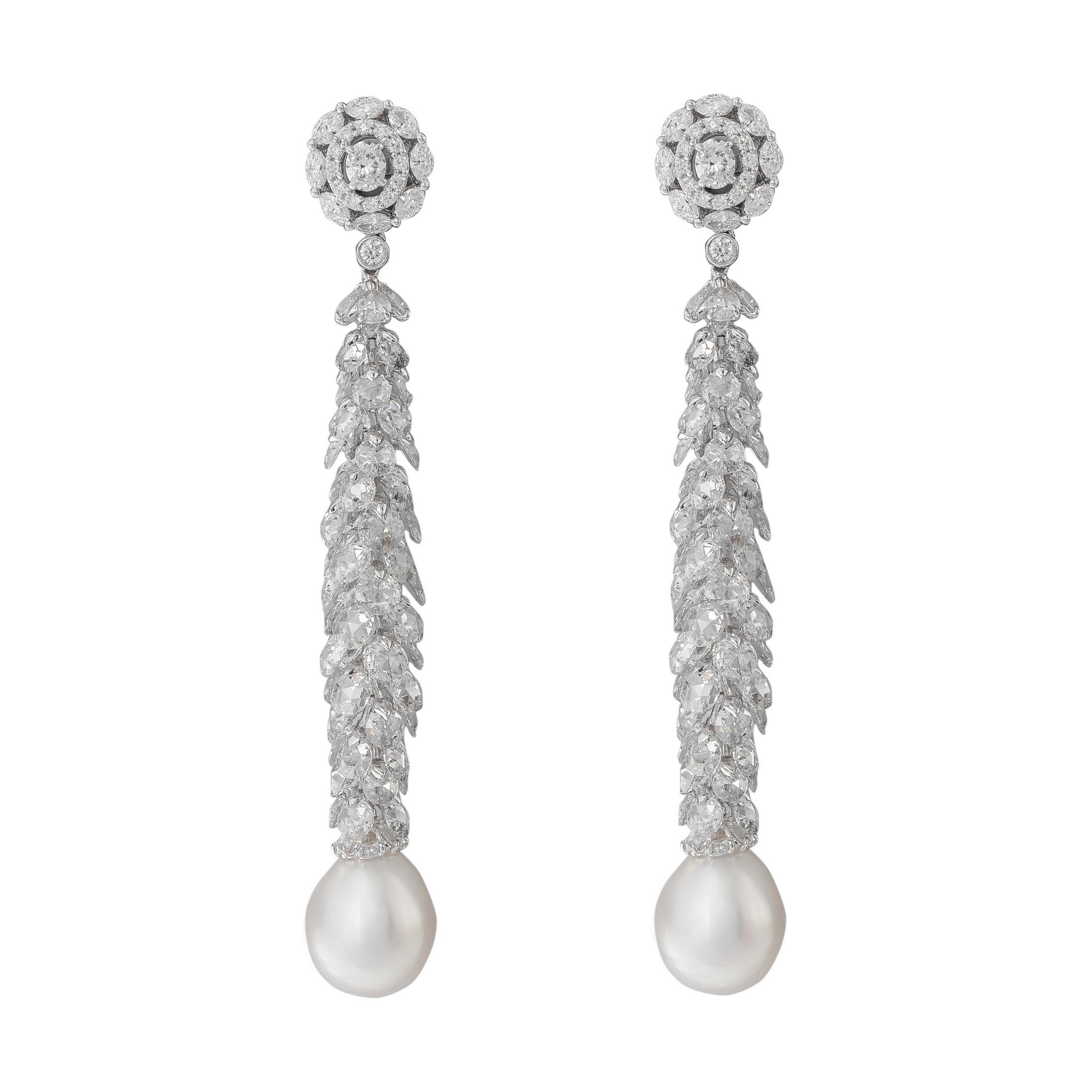 18 Karat White Gold 14.64 Carat Diamond and Pearl Cocktail Drop Earrings For Sale