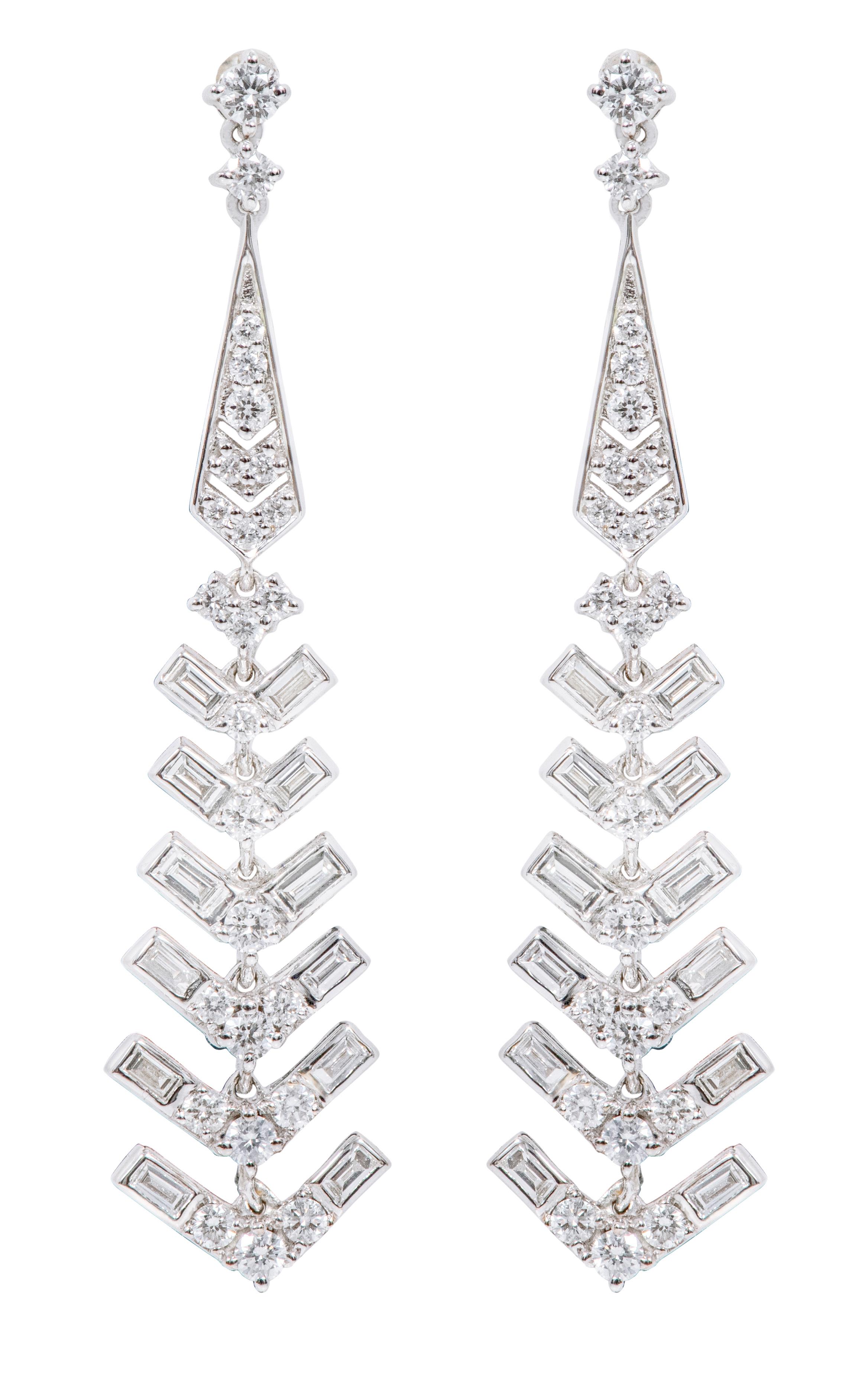 Baguette Cut 18 Karat White Gold 1.50 Carat Diamond Dangle Earrings For Sale