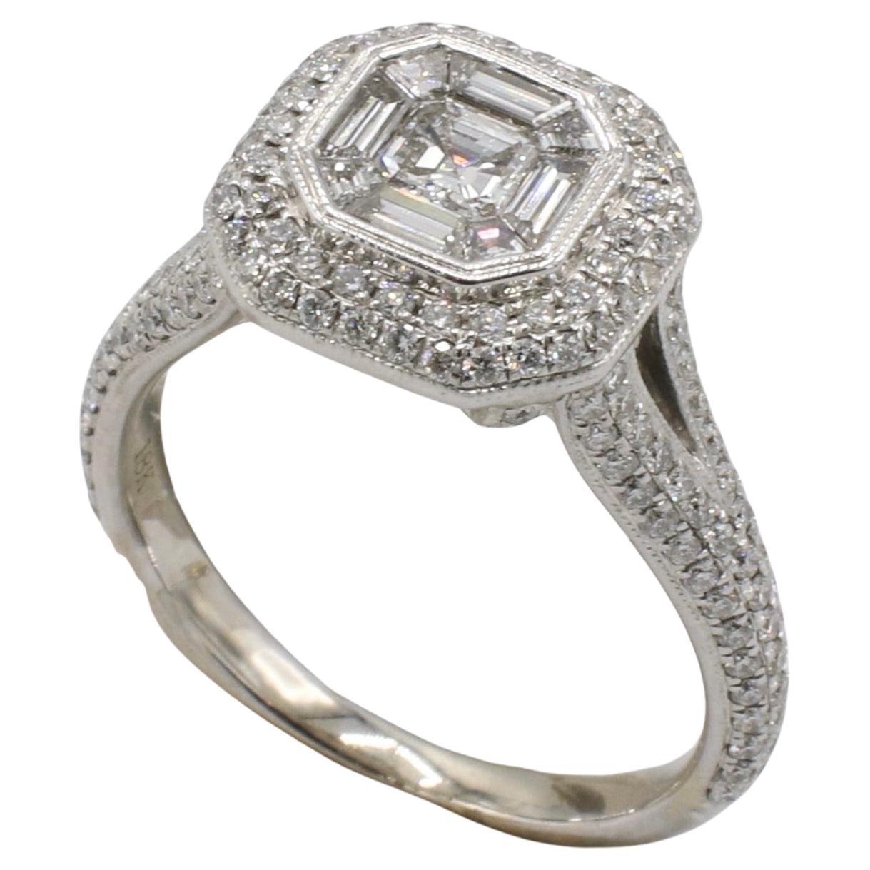 Anillo de compromiso de oro blanco de 18 quilates con halo de diamantes naturales de 1,50 quilates 
Metal: oro blanco de 18 quilates
Peso: 6.66 gramos
Diamantes: Aprox. 1,50 quilates de diamantes naturales asscher, redondos y baguette F-G