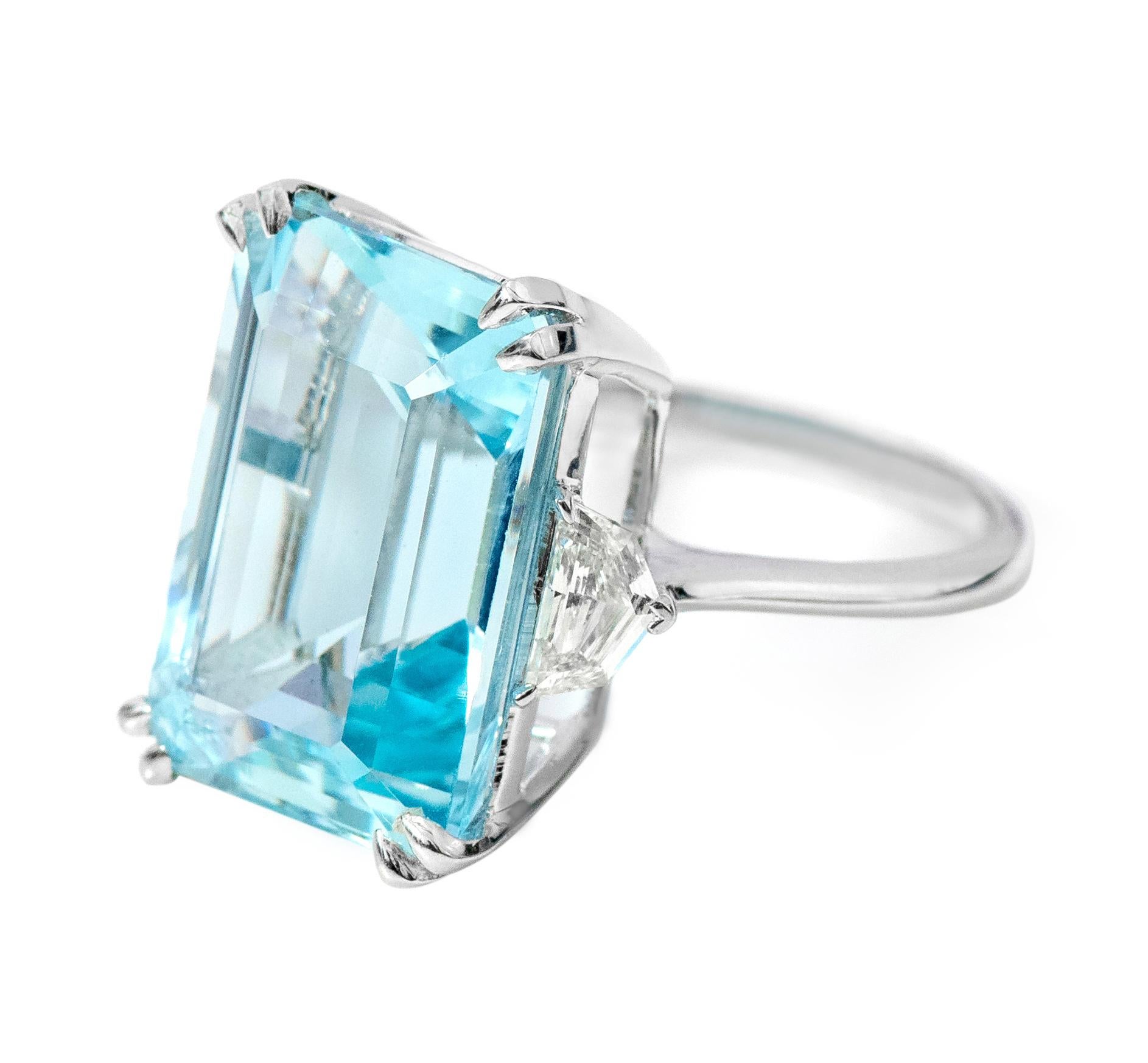 18 Karat White Gold 15.03 Carat Emerald-Cut Aquamarine and Diamond Cocktail Ring

This glorious Santa Maria aquamarine and diamond ring is royal. The three-stone trinity ring tells a story by not only representing the said “past, present, and