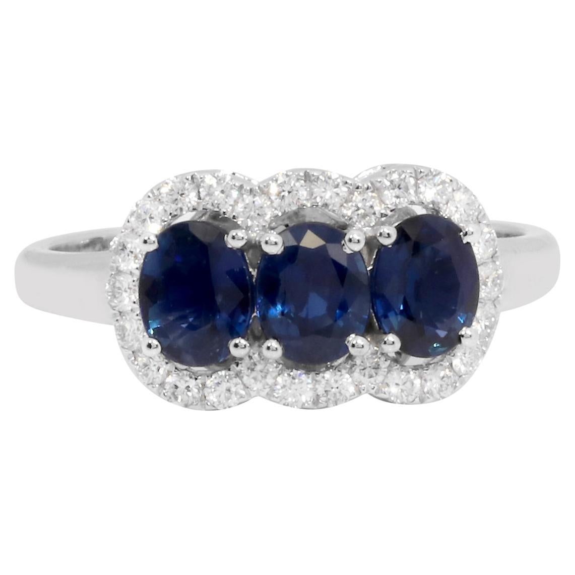 18 Karat White Gold 1.52 Carats Sapphire and Diamond Three-Stone Ring For Sale