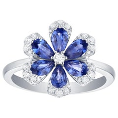 18 Karat White Gold 1.57 Carat Blue Sapphire Diamond Pave Flower Design Ring