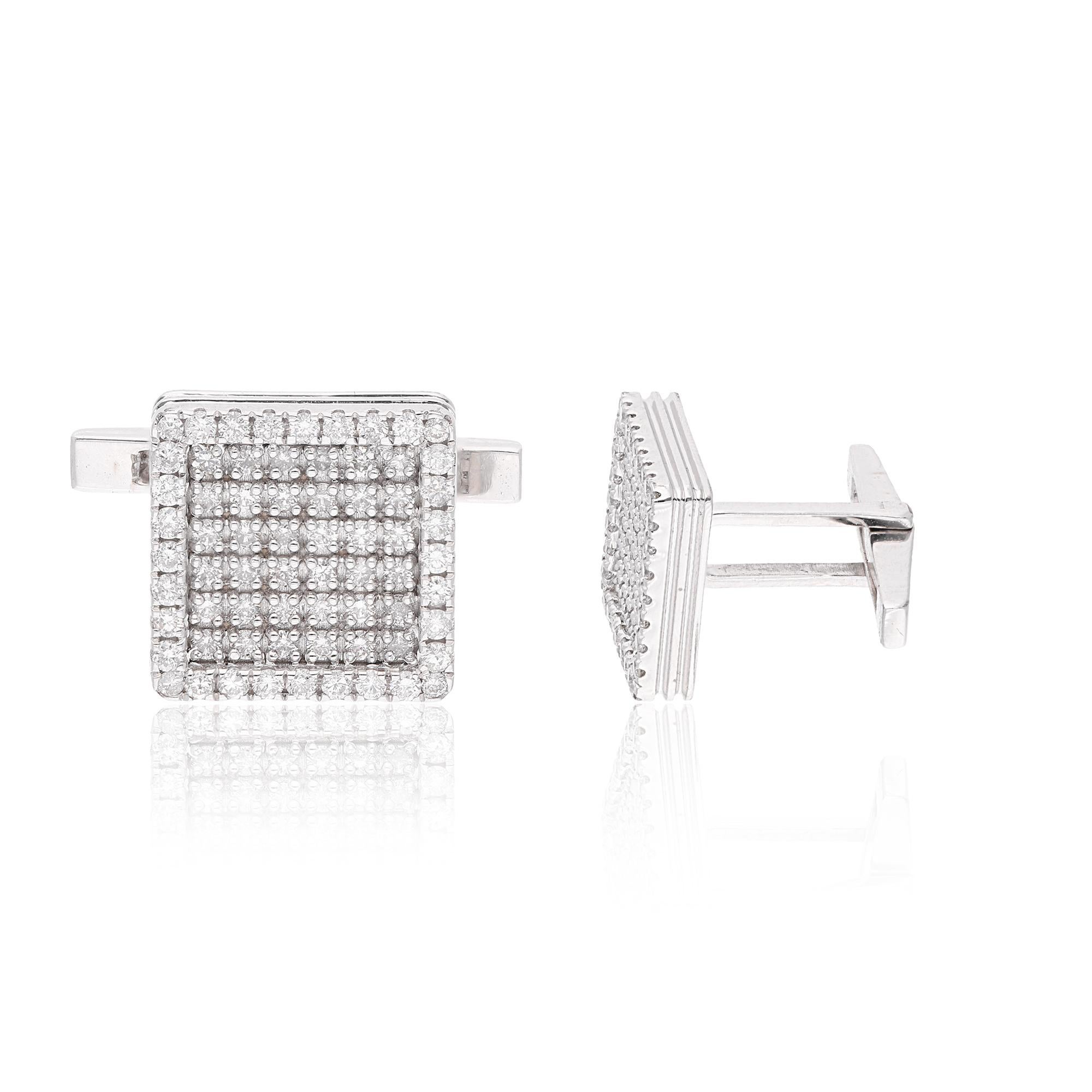 Crafted from lustrous 18 Karat White Gold, these cufflinks boast a sleek and polished square design, exuding a sense of timeless elegance and understated masculinity. The smooth surface of the cufflinks provides the perfect canvas for the dazzling