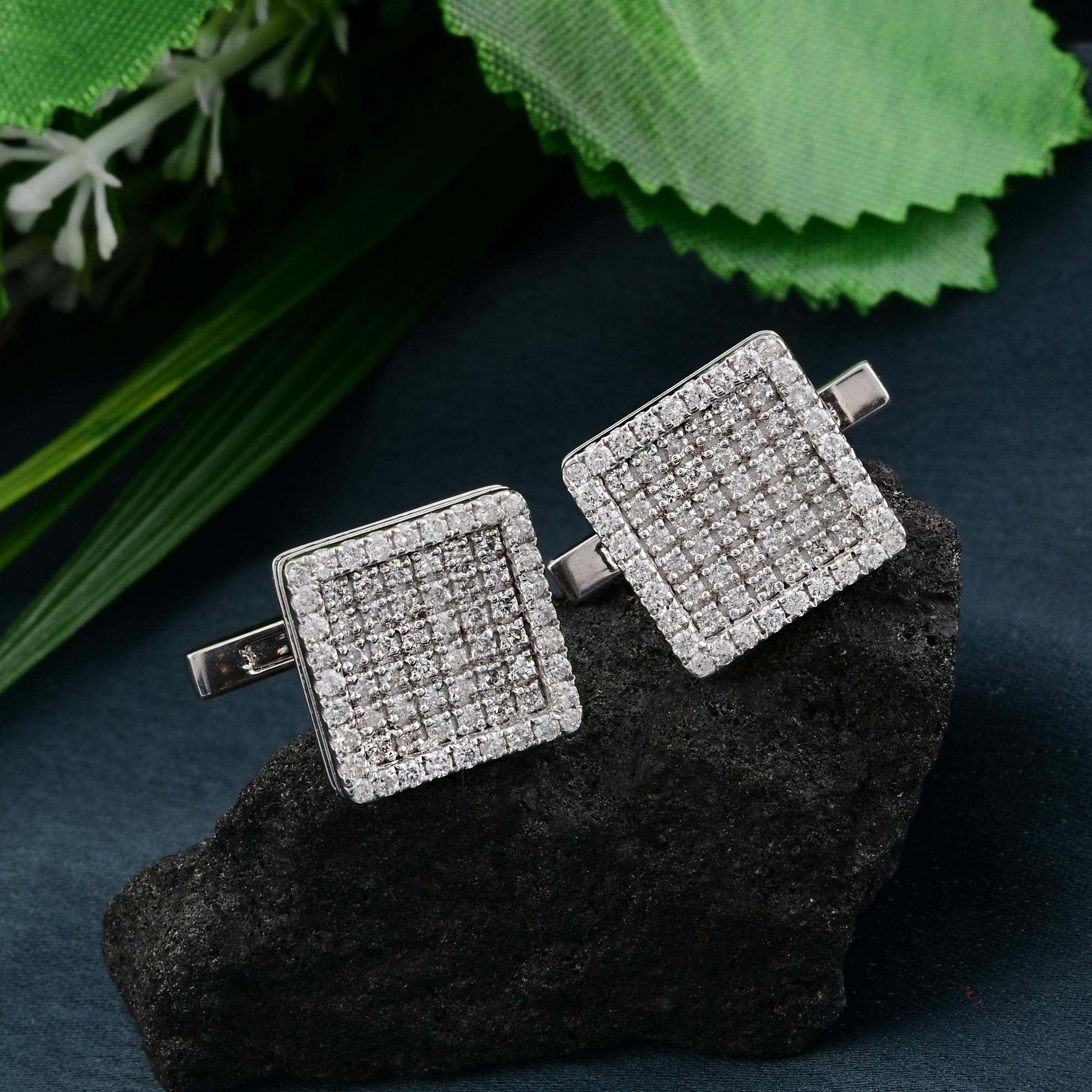 Modern 18 Karat White Gold 1.60 Carat Pave Set Diamond Square Cufflink Men's Jewelry