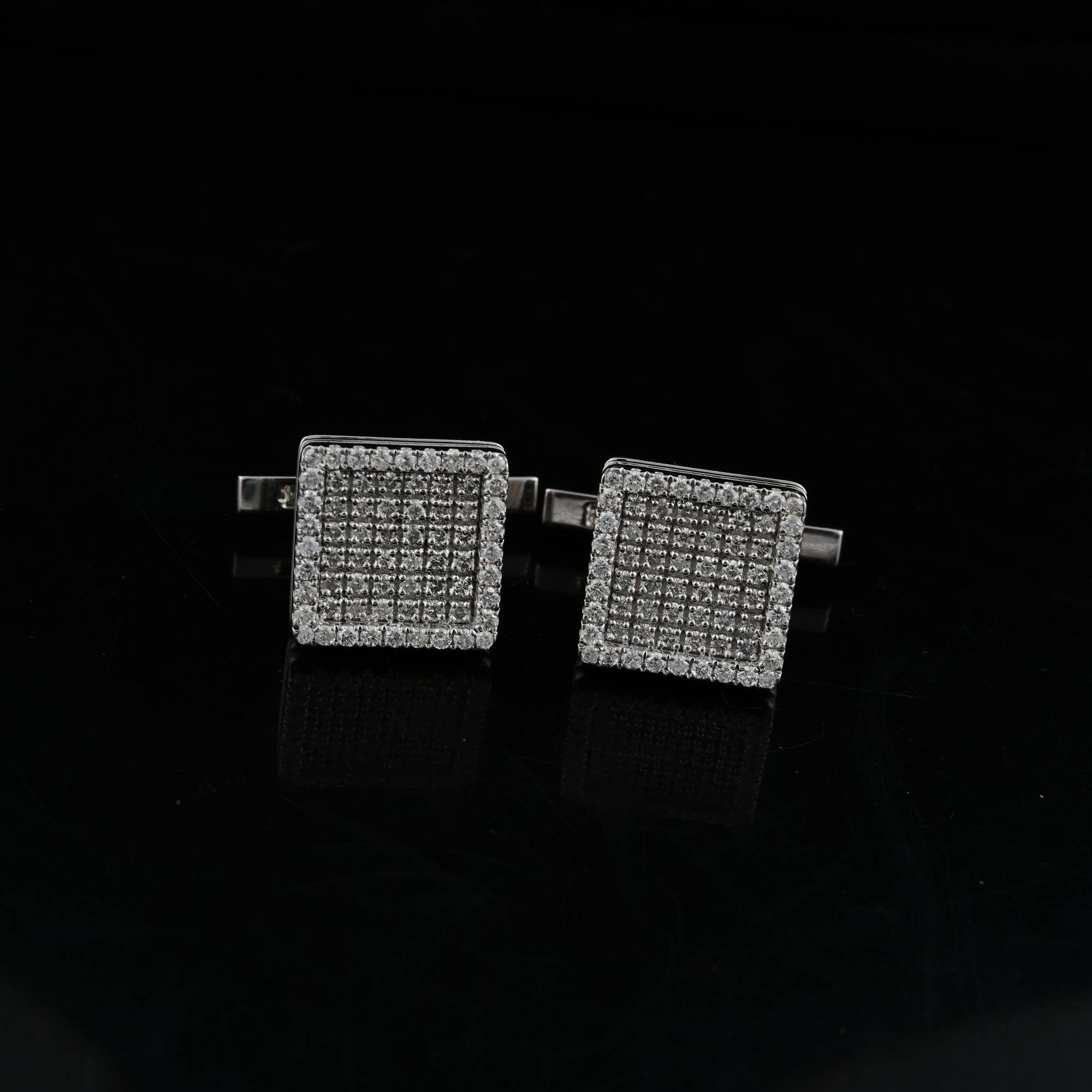 Boutons de manchette carrés en or blanc 18 carats avec diamants sertis en pavé de 1,60 carat pour hommes Pour femmes en vente