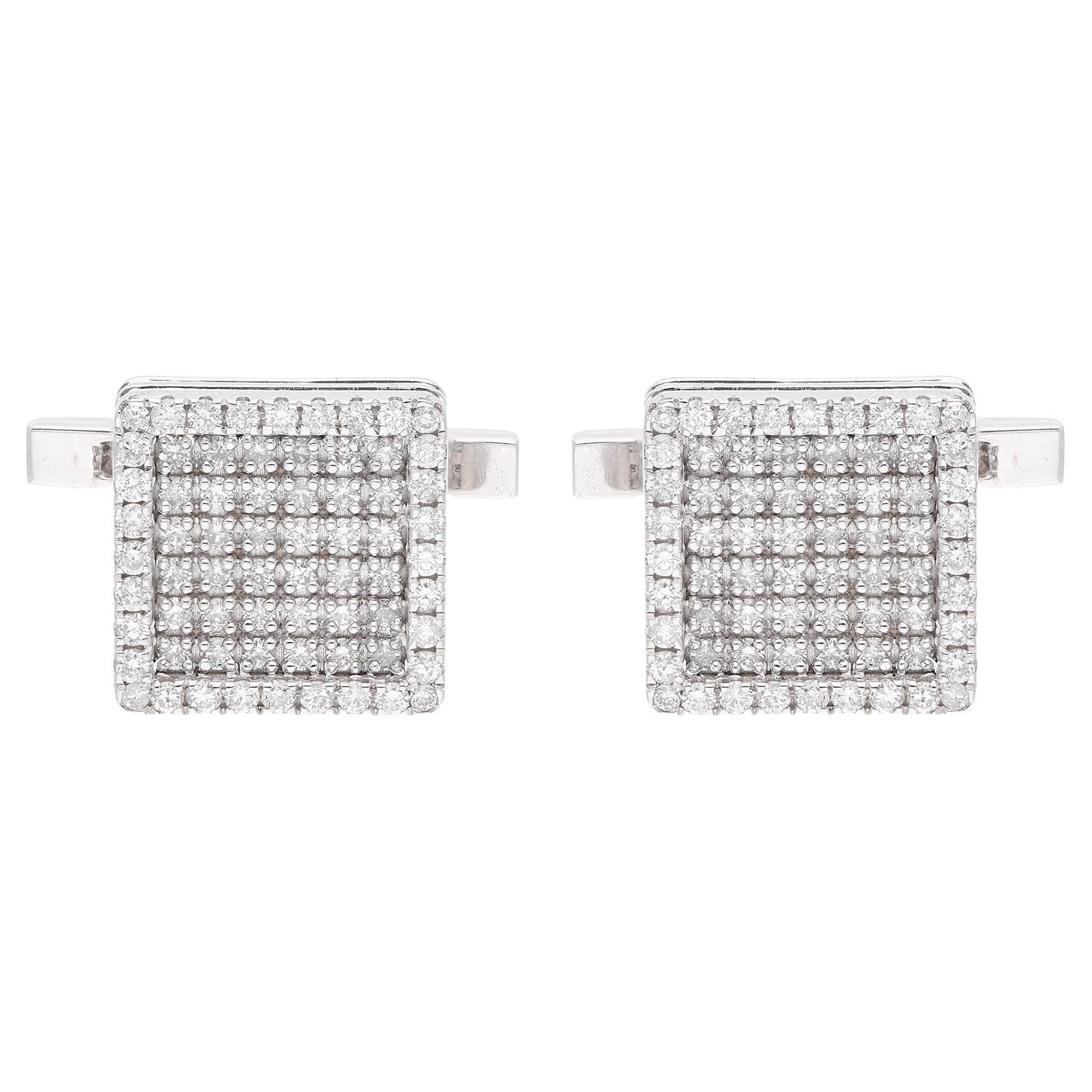 18 Karat White Gold 1.60 Carat Pave Set Diamond Square Cufflink Men's Jewelry