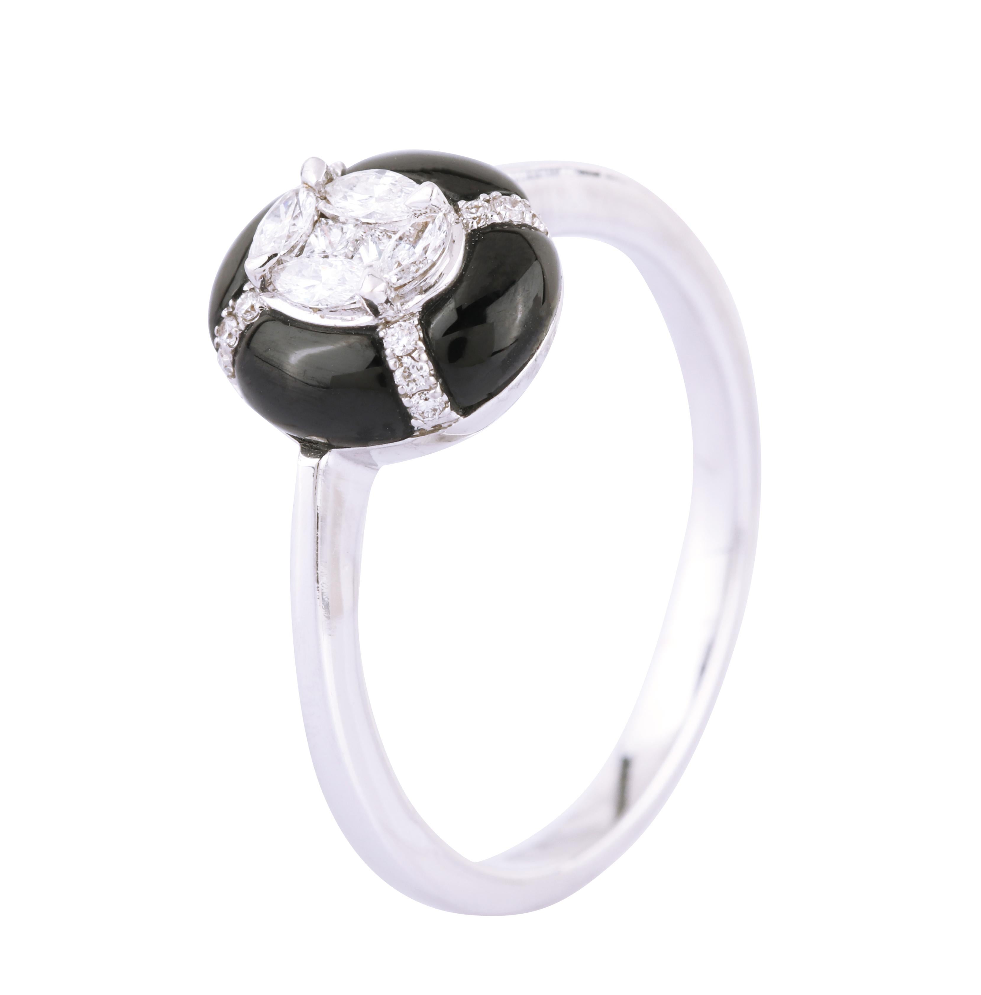Marquise Cut 18 Karat White Gold 1.70 Carat Diamond and Black Onyx Engagement Ring For Sale
