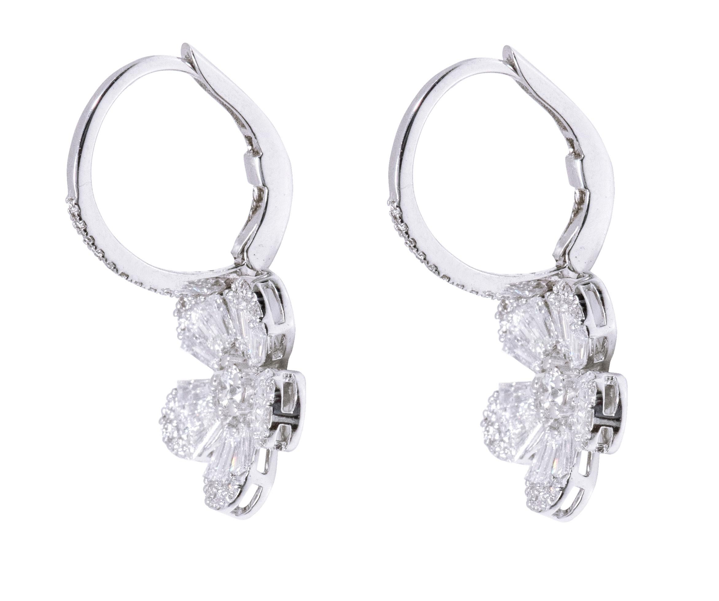 Tapered Baguette 18 Karat White Gold 1.71 Carat Diamond Flower Drop Earrings For Sale