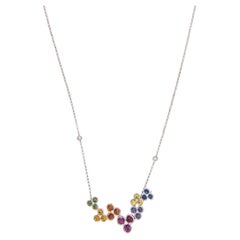 18 Karat White Gold 1.75 Cttw Rainbow Sapphire & Diamond Floral Necklace