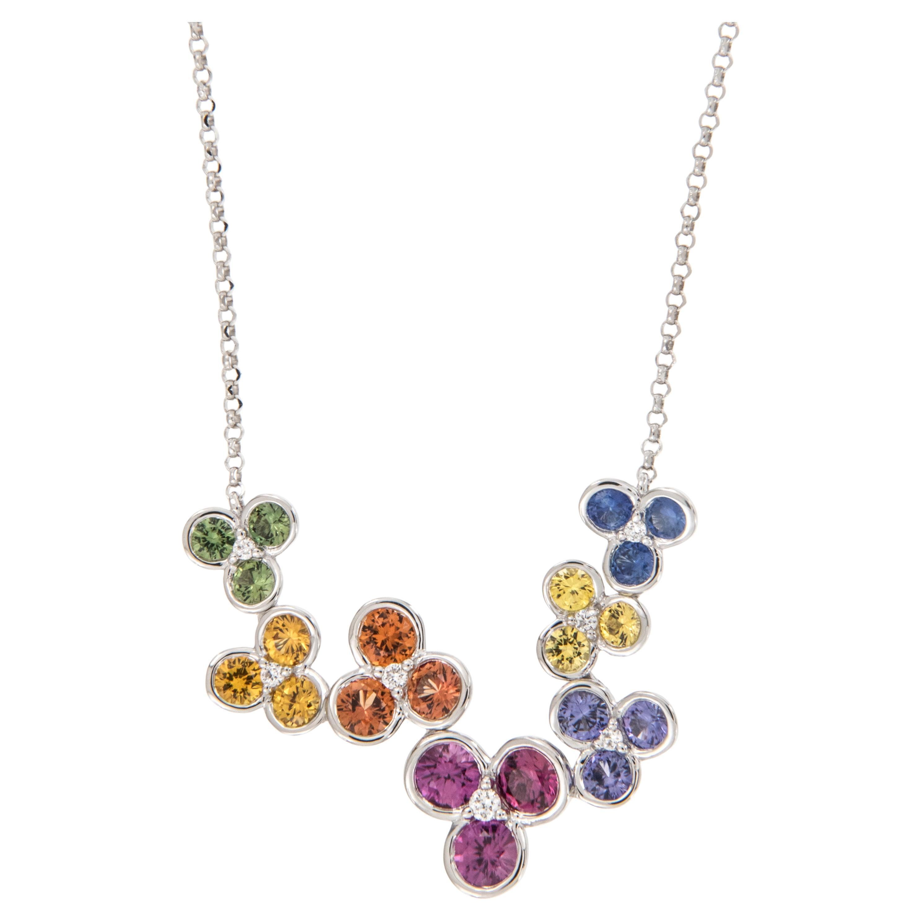 18 Karat White Gold 1.75 Cttw Rainbow Sapphire & Diamond Floral Necklace