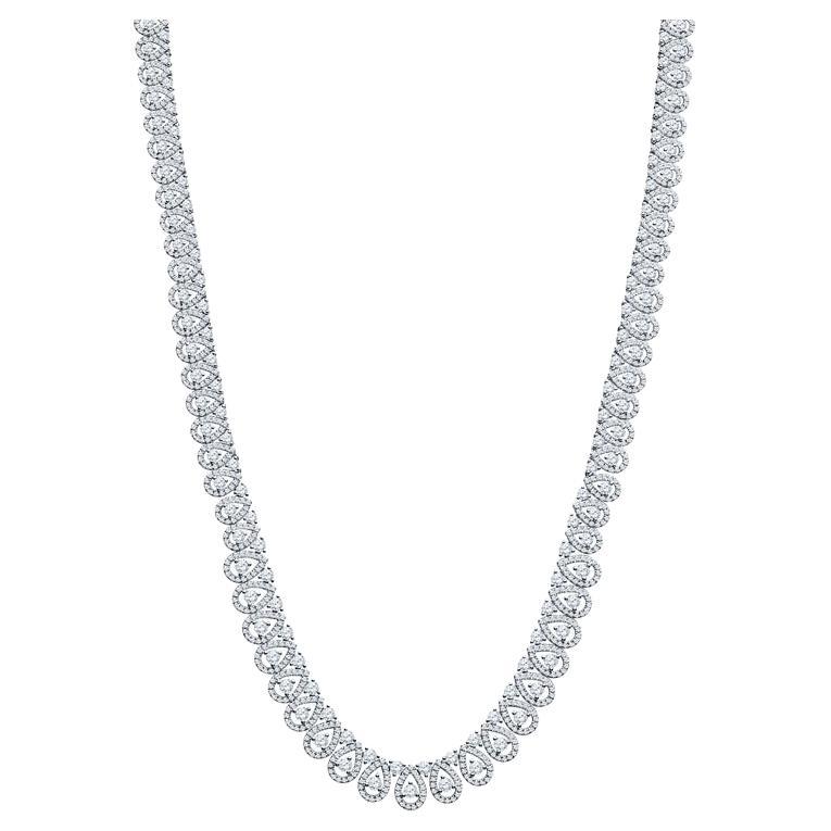 18 Karat White Gold 17.64 Carat Total Weight Pear Shaped Diamond Halo Necklace For Sale