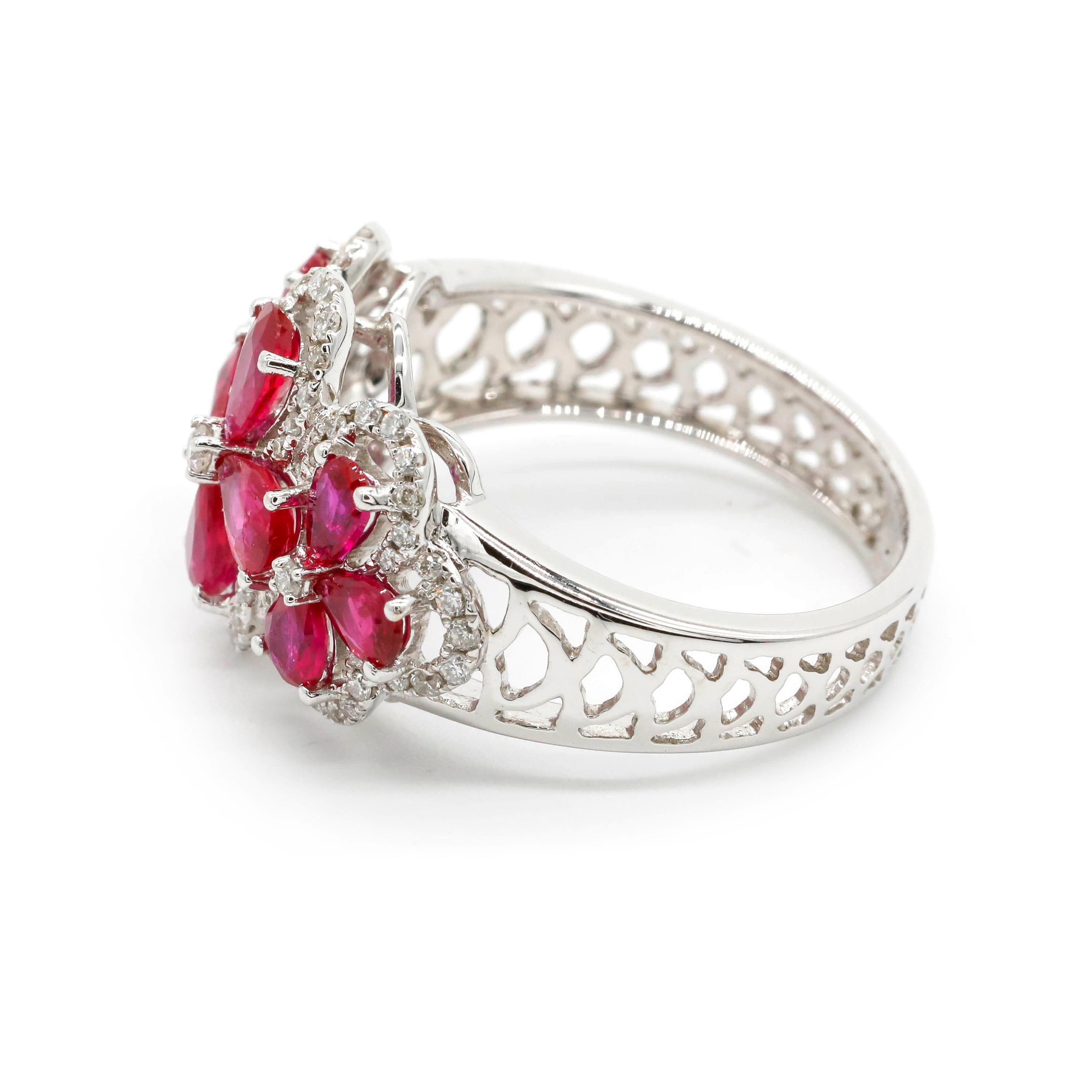 Women's 1.91 Carat Pear Cut Ruby and 0.34 Carat Diamond Pave 18K White Gold Cluster Ring For Sale