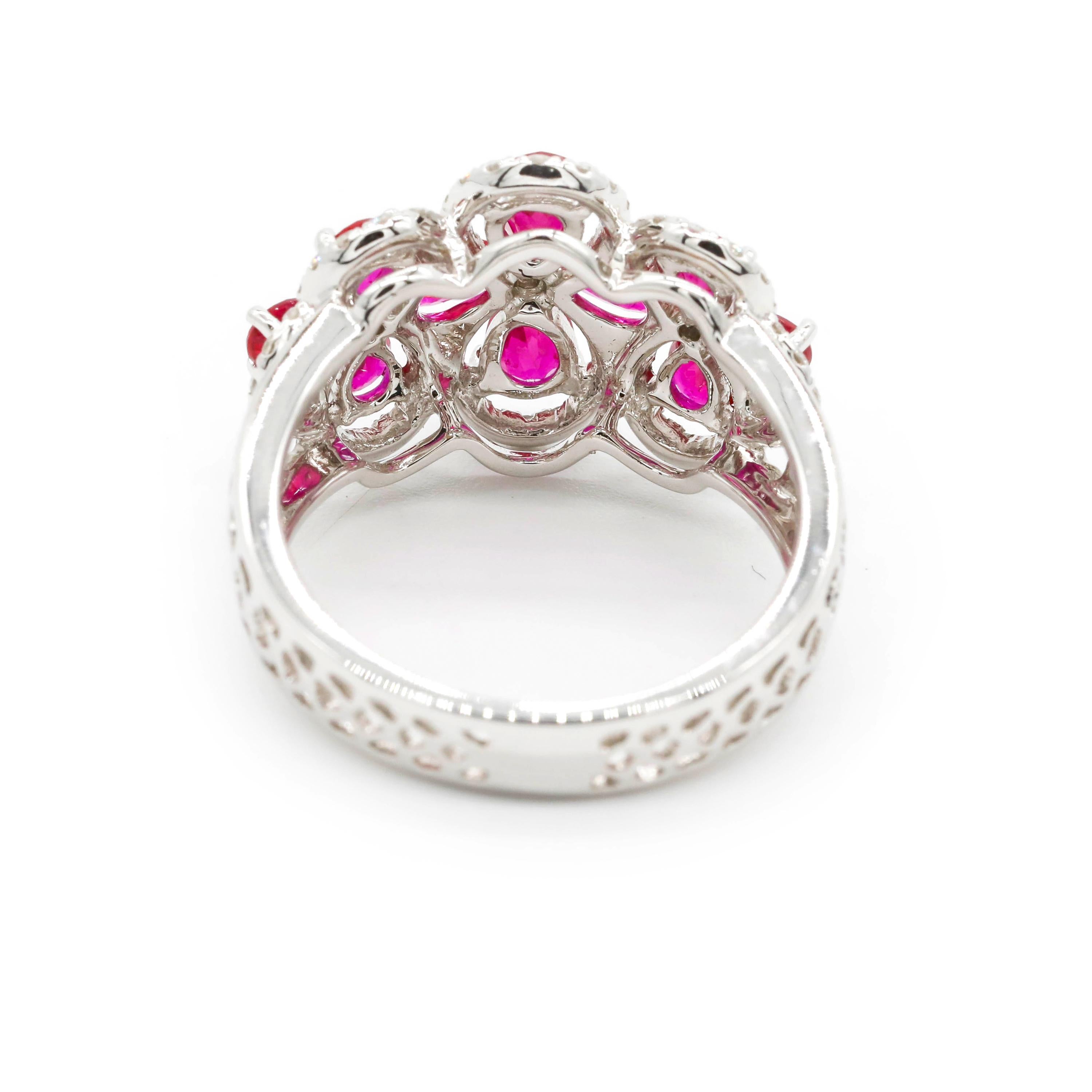 1.91 Carat Pear Cut Ruby and 0.34 Carat Diamond Pave 18K White Gold Cluster Ring For Sale 1