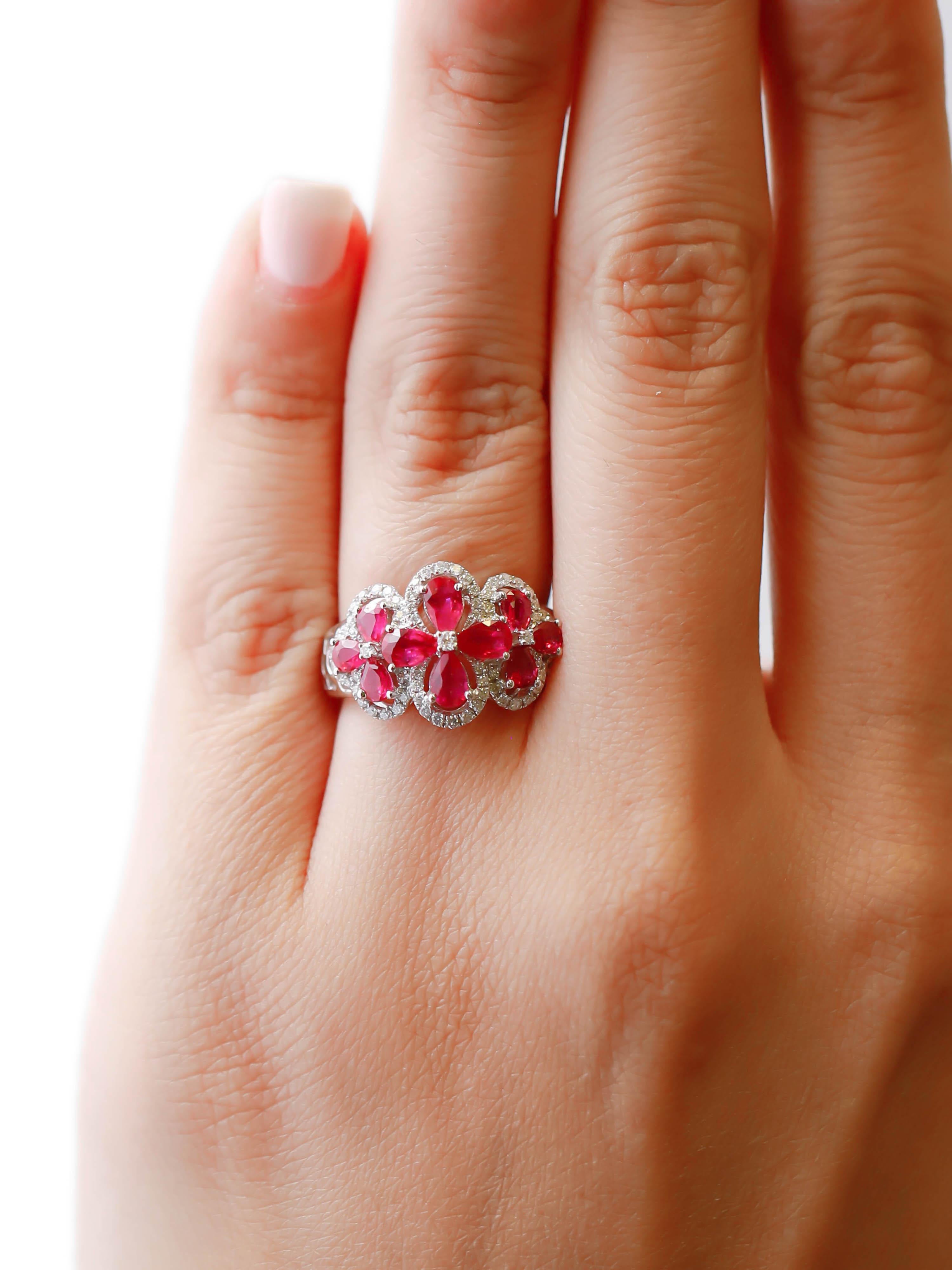 1.91 Carat Pear Cut Ruby and 0.34 Carat Diamond Pave 18K White Gold Cluster Ring For Sale 2