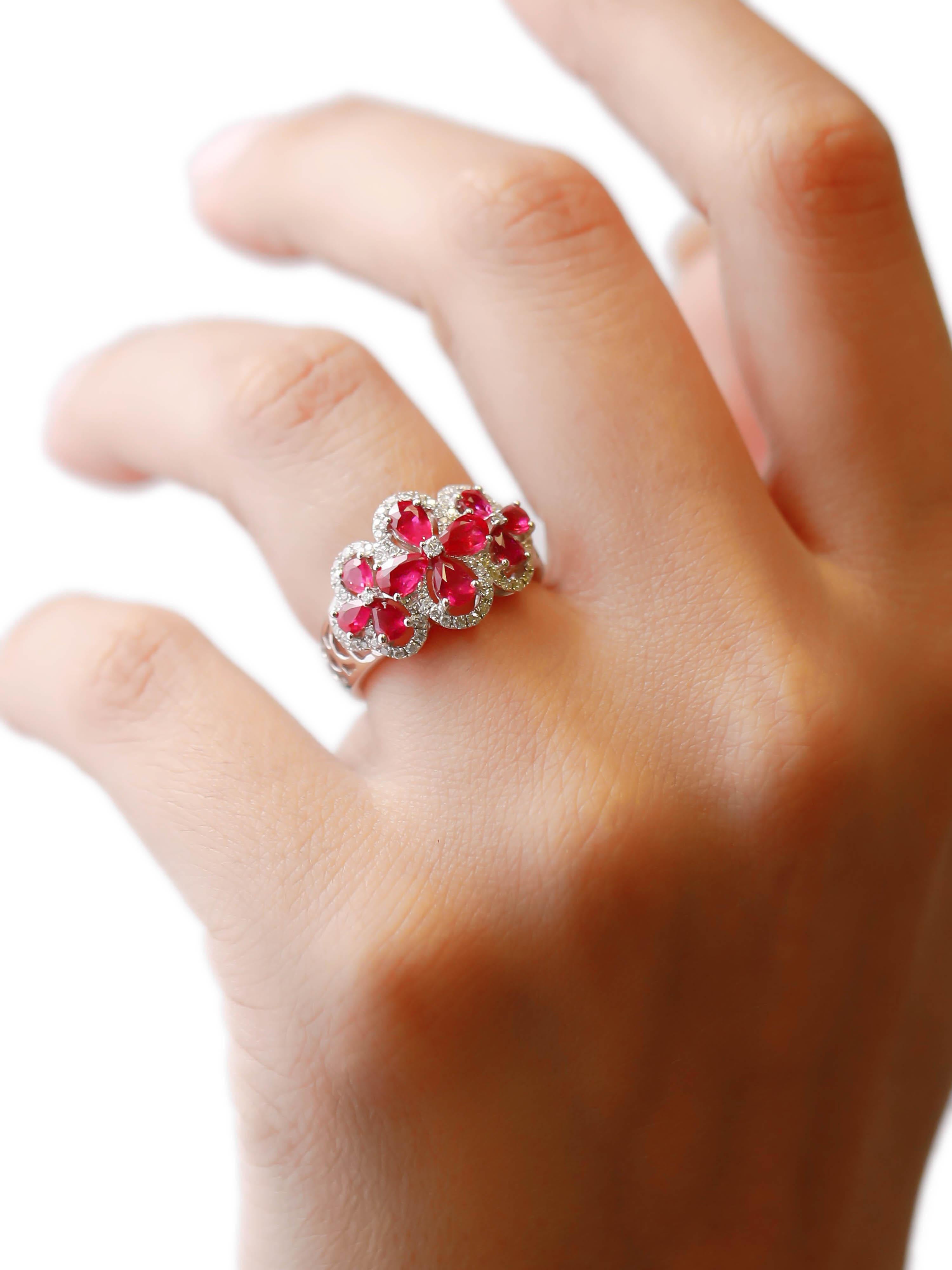 1.91 Carat Pear Cut Ruby and 0.34 Carat Diamond Pave 18K White Gold Cluster Ring For Sale 3