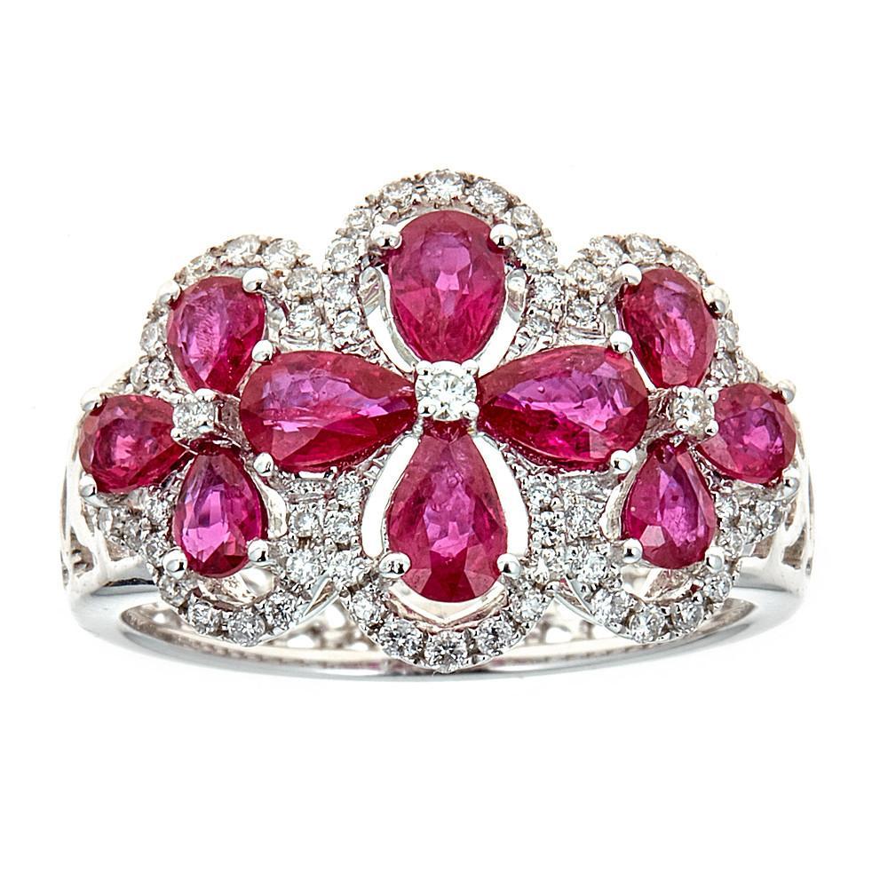 Contemporary 1.91 Carat Pear Cut Ruby and 0.34 Carat Diamond Pave 18K White Gold Cluster Ring For Sale