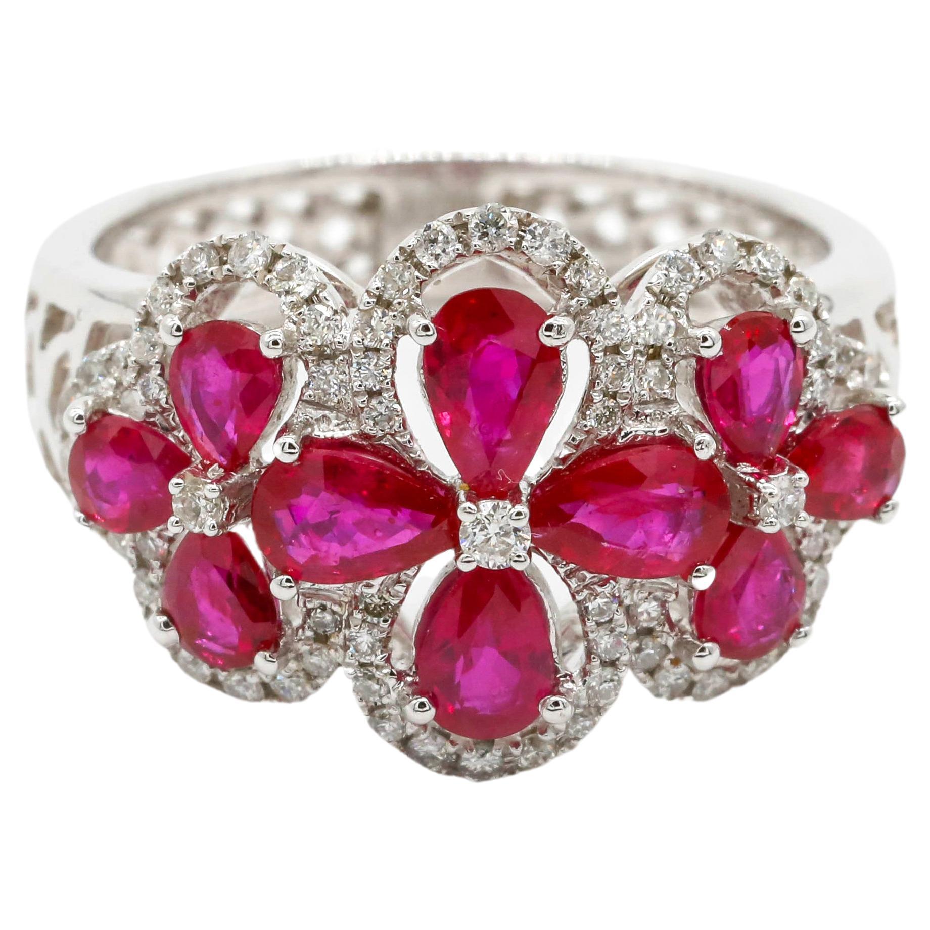 1.91 Carat Pear Cut Ruby and 0.34 Carat Diamond Pave 18K White Gold Cluster Ring For Sale