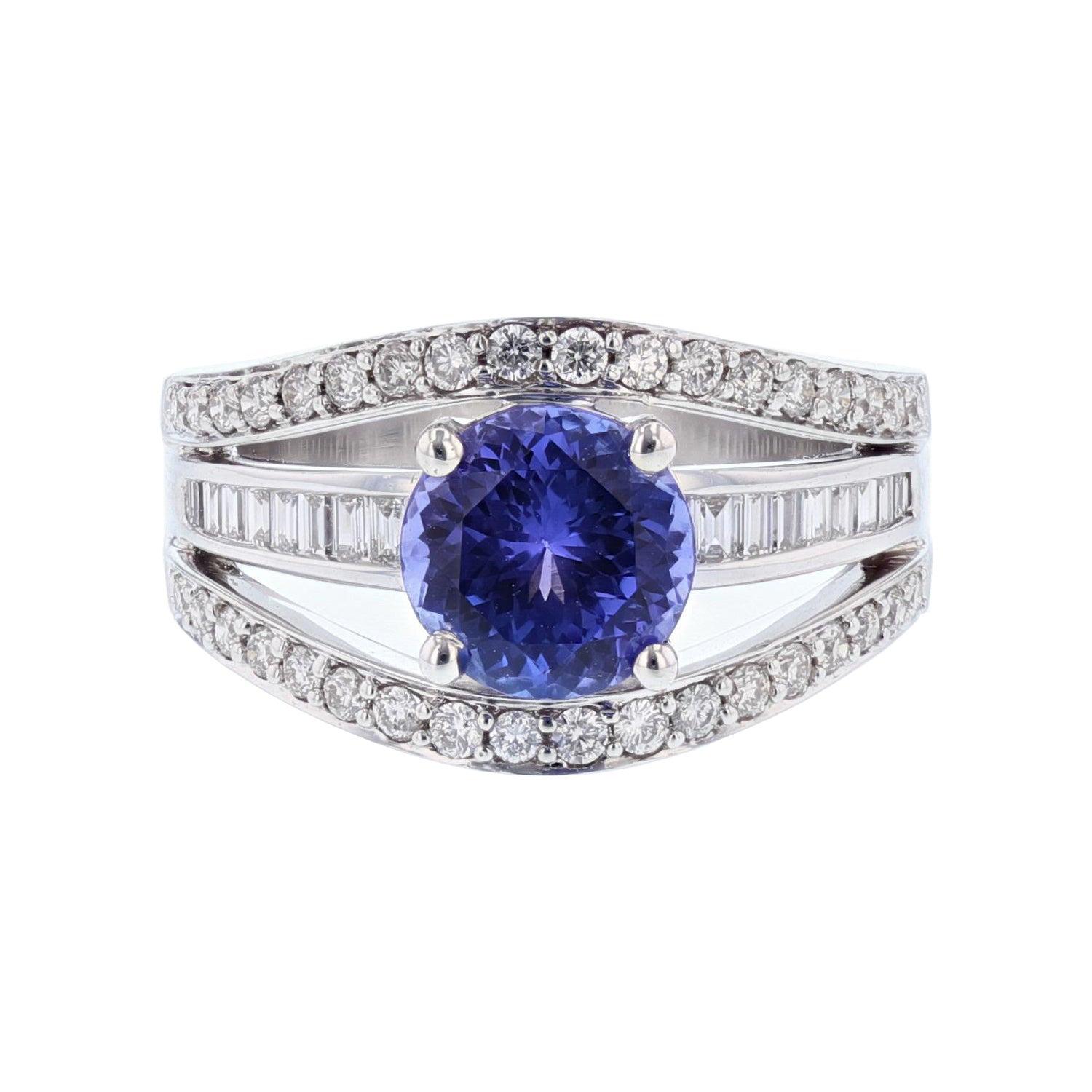 18 Karat White Gold 1.82 Carat Round Tanzanite and Diamond Ring For Sale