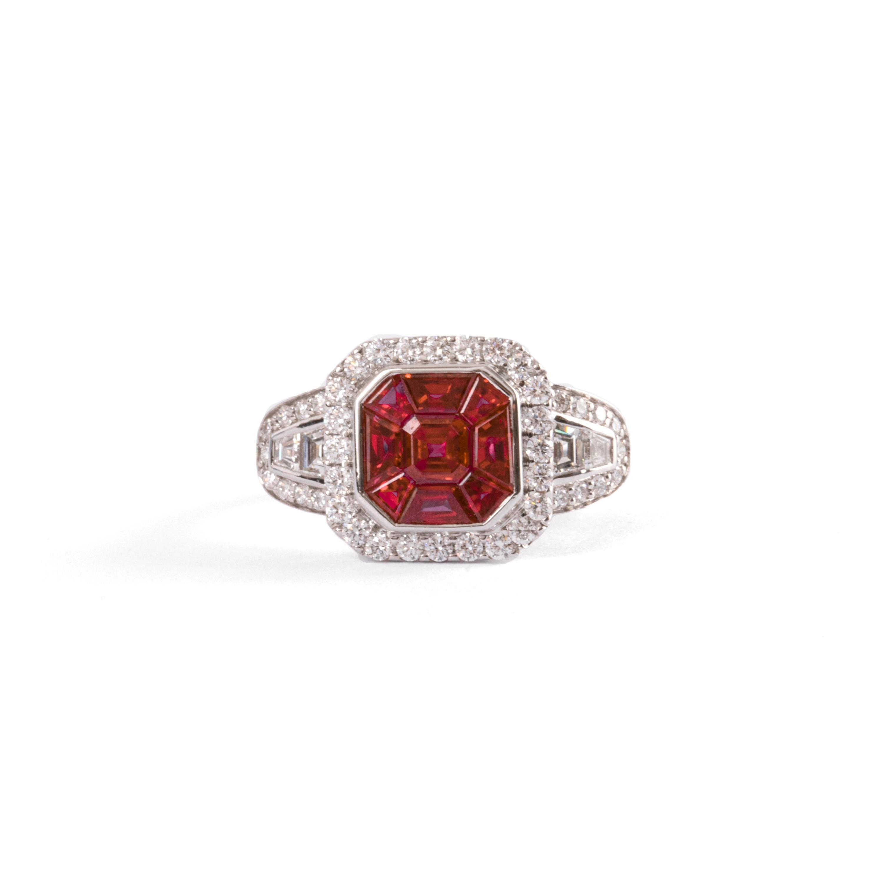 Very Special 18 Karat White Gold 1.85 Carat Rubies Carrè 0,39 Carat Brilliant and Baguette Diamonds. Perfect for giving love and passion.
