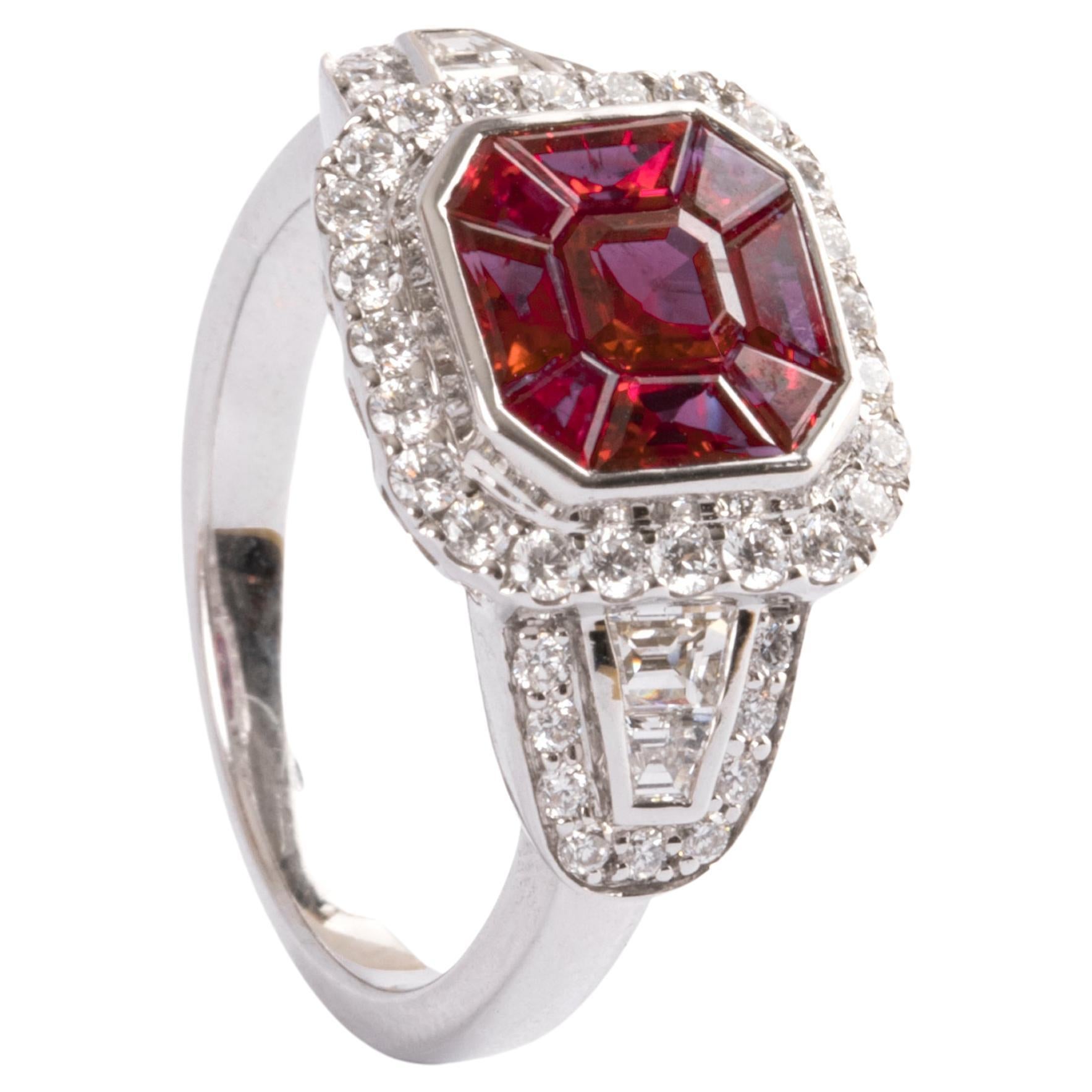 18 Karat White Gold 1.85 Carat Rubies Carrè Brilliant and Baguette Diamonds For Sale