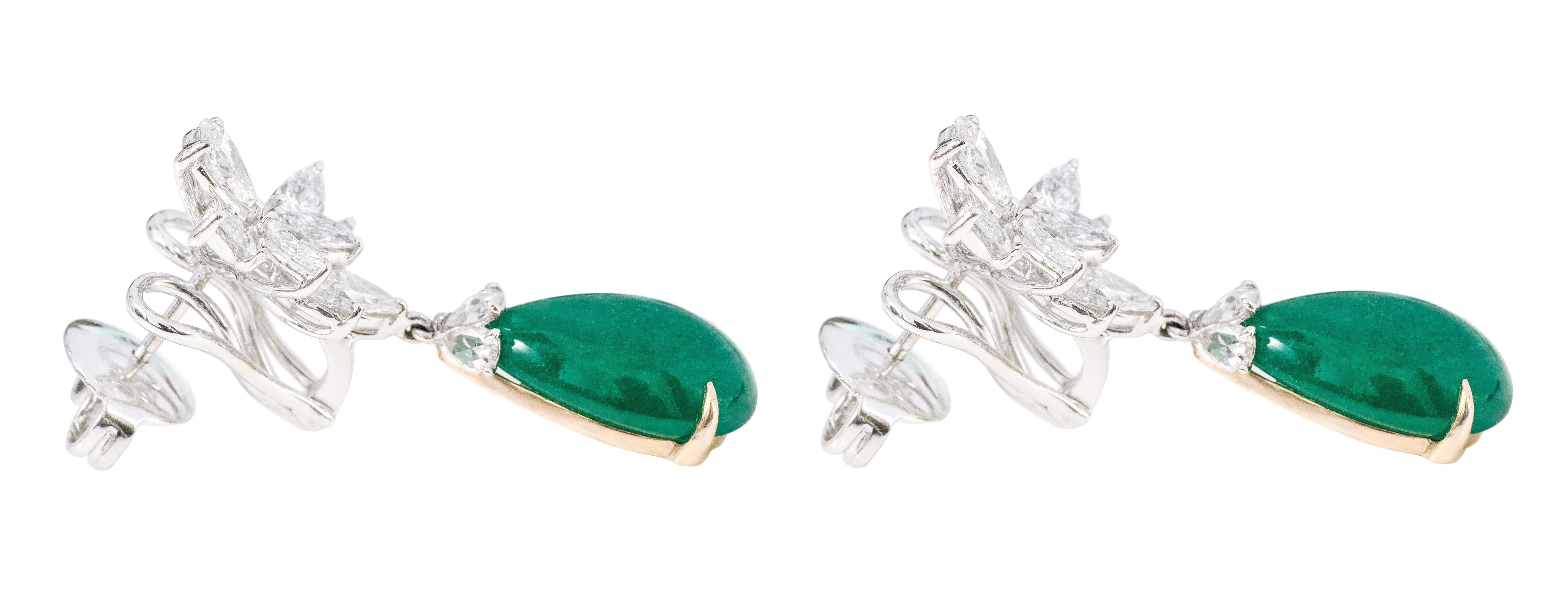 Cabochon 18 Karat White Gold 18.66 Carats Natural Emerald and Diamond Drop Earrings For Sale