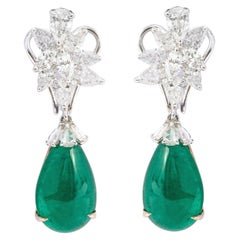18 Karat White Gold 18.66 Carats Natural Emerald and Diamond Drop Earrings