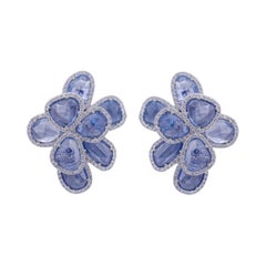 18 Karat White Gold 18.78 Carat Blue Sapphire and Diamond Cluster Stud Earring