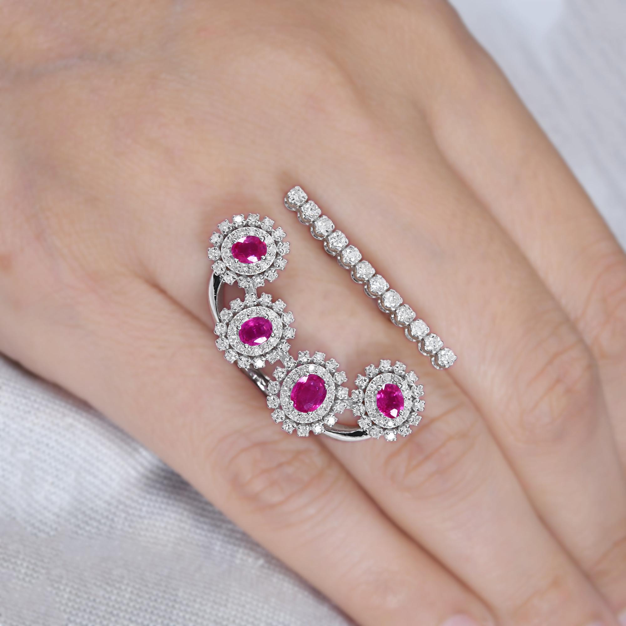 Women's 18 Karat White Gold 1.92 Carat Ruby Gemstone Cuff Ring Diamond Fine Jewelry For Sale