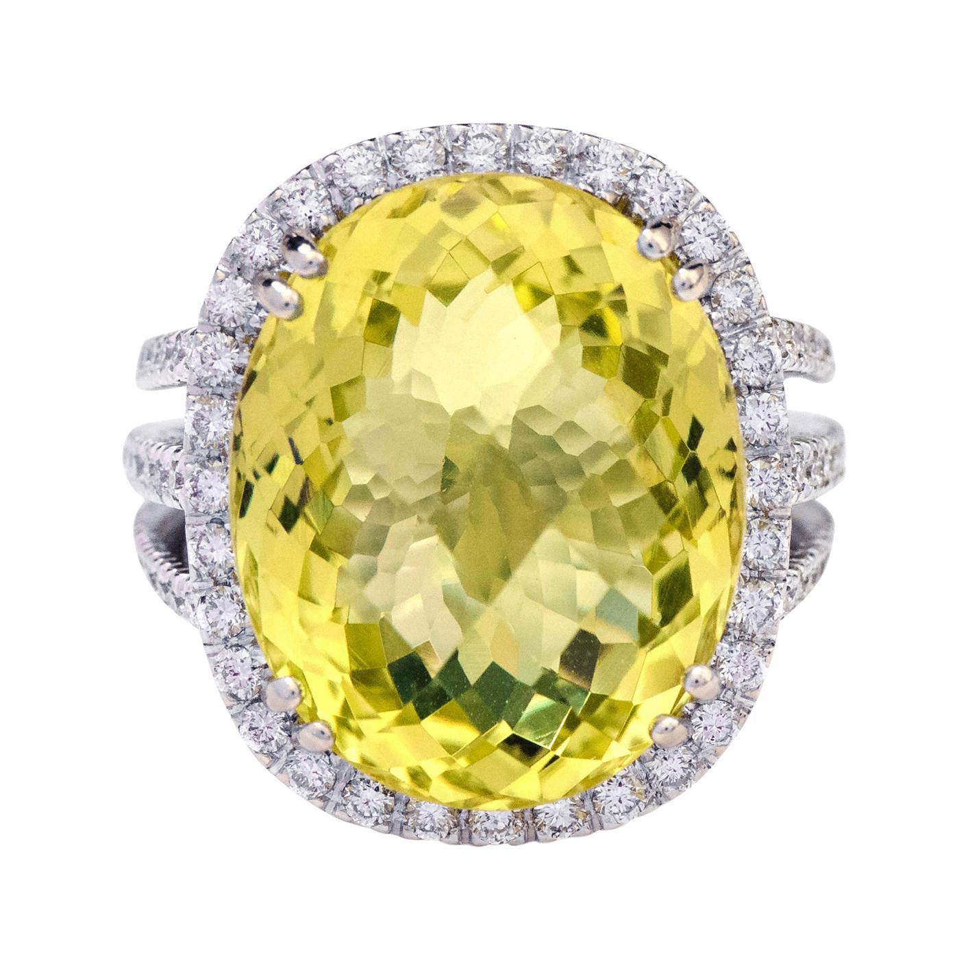 18 Karat White Gold 19.20 Carat Oval-Cut Lemon Topaz and Diamond Cocktail Ring