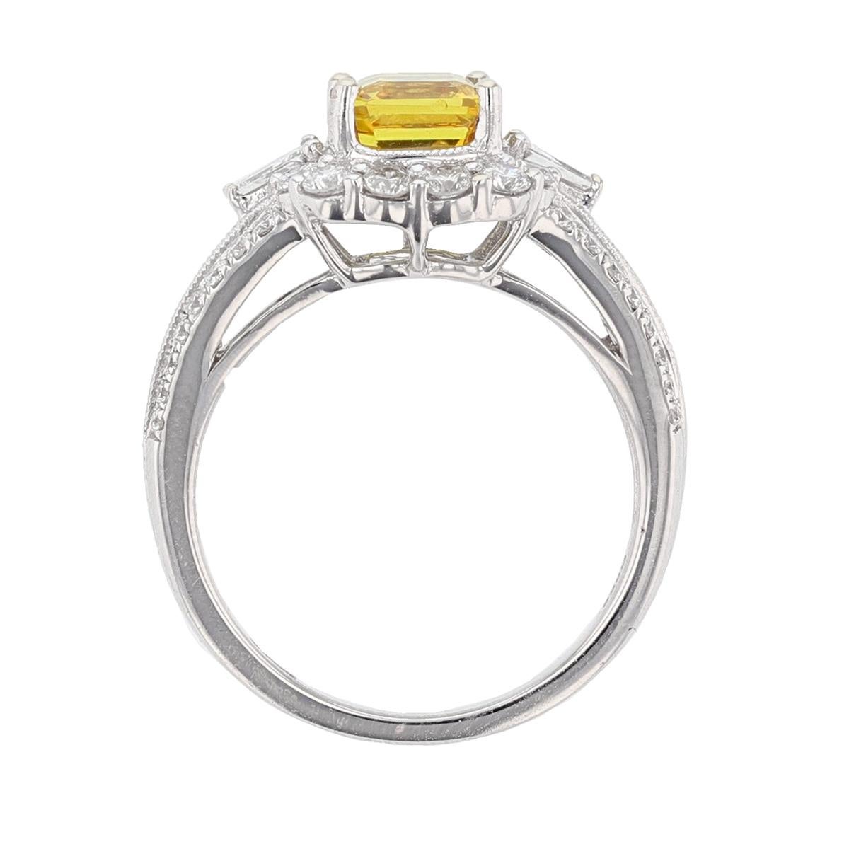 Contemporary 18 Karat White Gold 1.95 Carat Emerald Cut Yellow Sapphire Diamond Ring For Sale