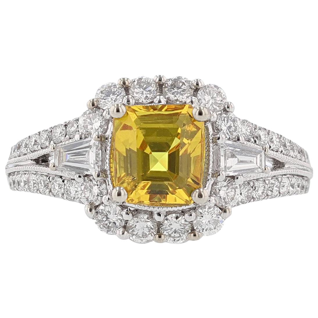 18 Karat White Gold 1.95 Carat Emerald Cut Yellow Sapphire Diamond Ring For Sale