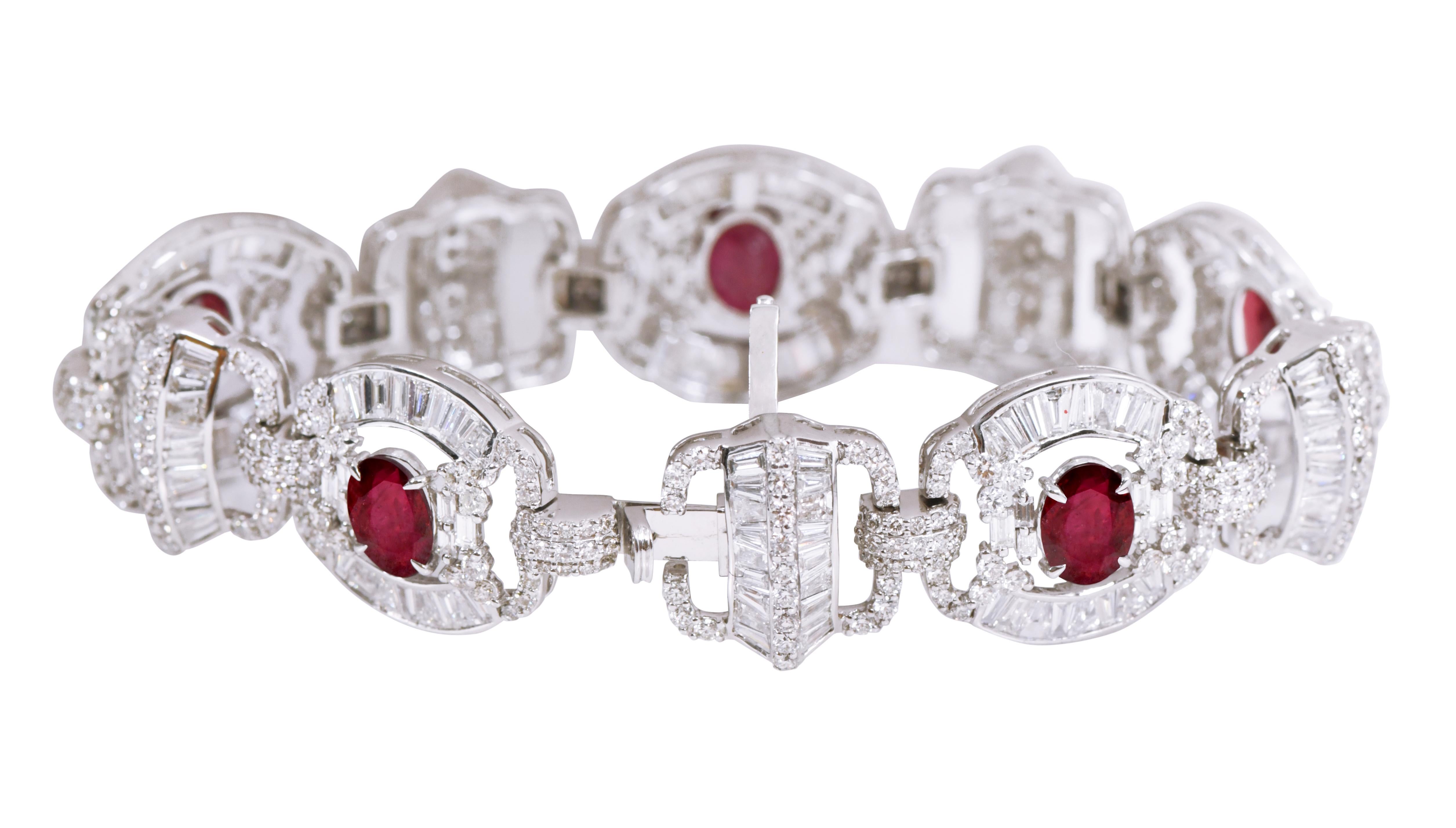 18 Karat White Gold 19.73 Carat Ruby and Diamond Cocktail Bracelet In New Condition For Sale In Jaipur, IN
