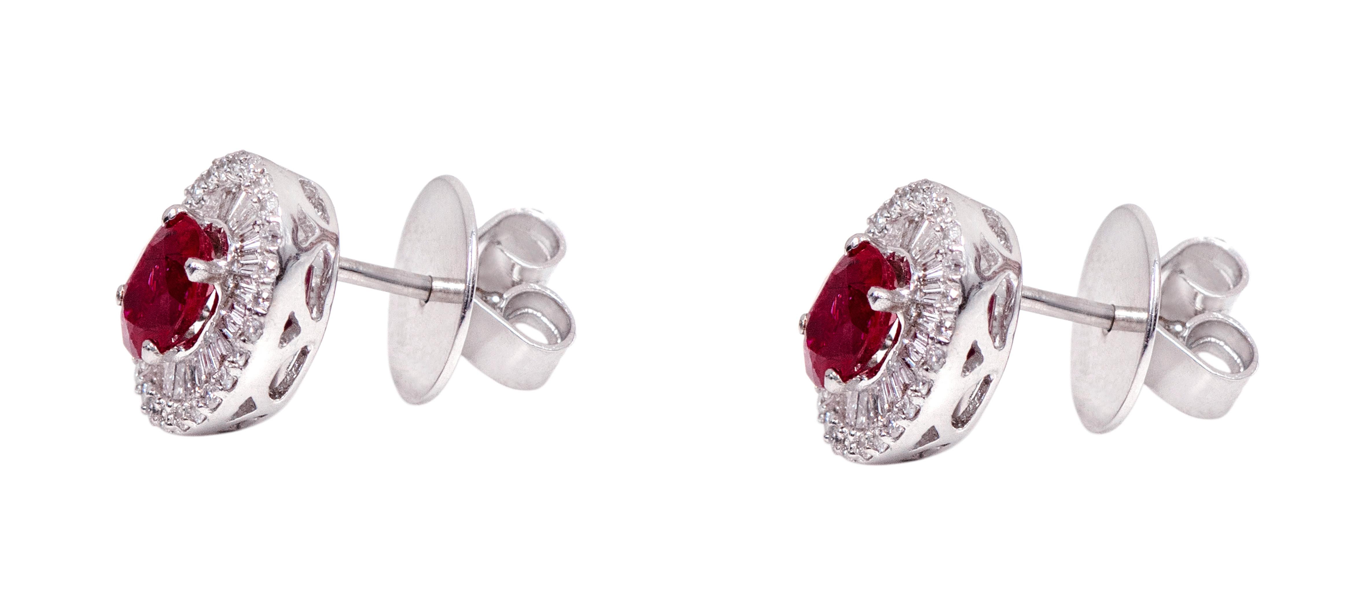 Oval Cut 18 Karat White Gold 1.98 Carat Ruby and Diamond Cluster Stud Earrings