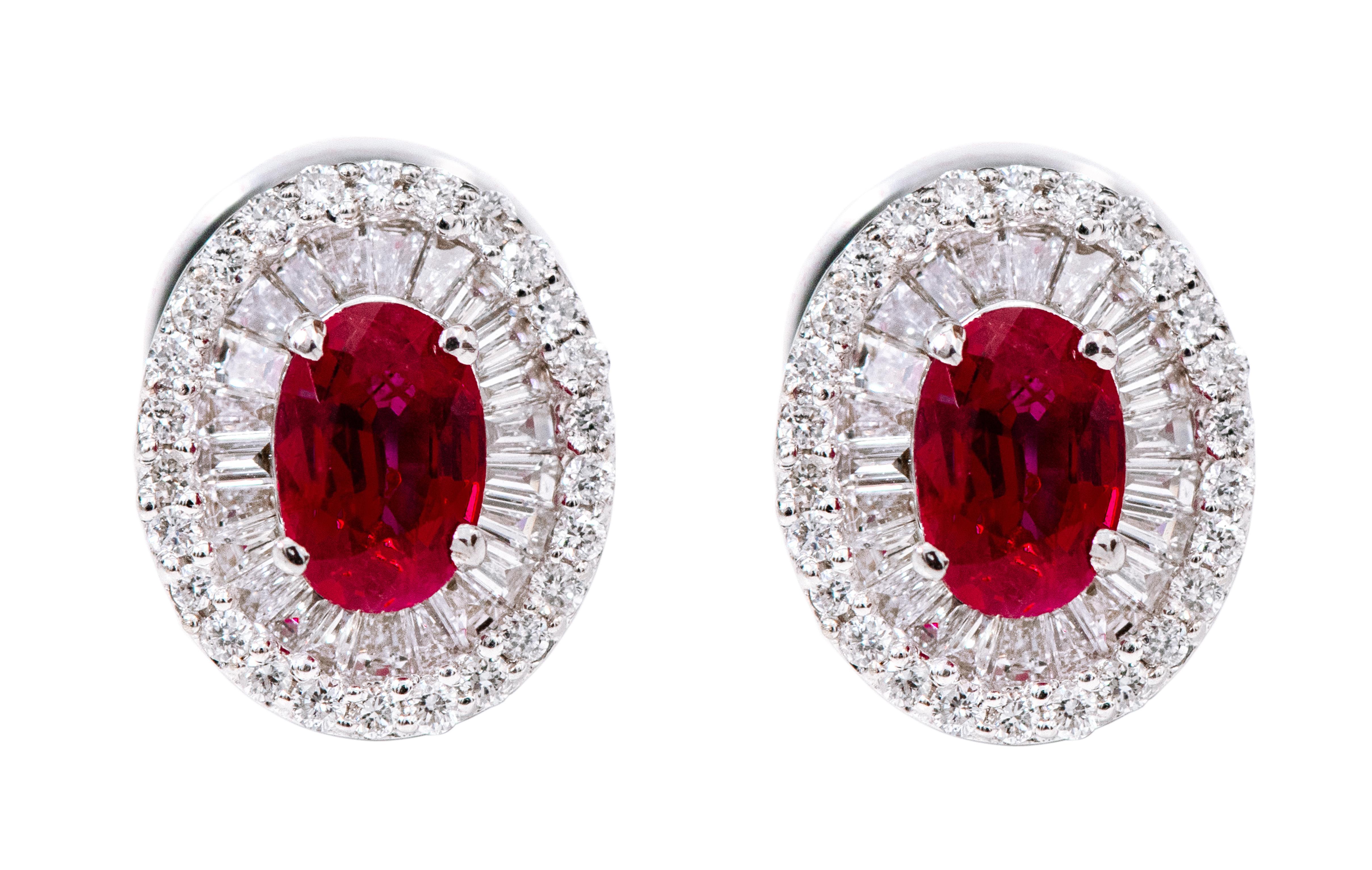 18 Karat White Gold 1.98 Carat Ruby and Diamond Cluster Stud Earrings In New Condition In Jaipur, IN