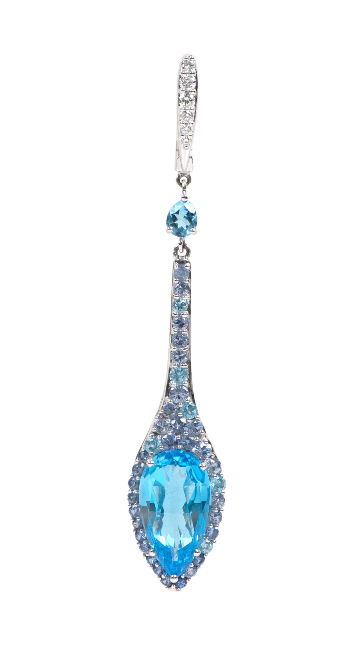 18 Karat White Gold 20.19 Carat Blue Topaz, Diamond, and Tanzanite Drop Earrings In New Condition For Sale In Jaipur, IN
