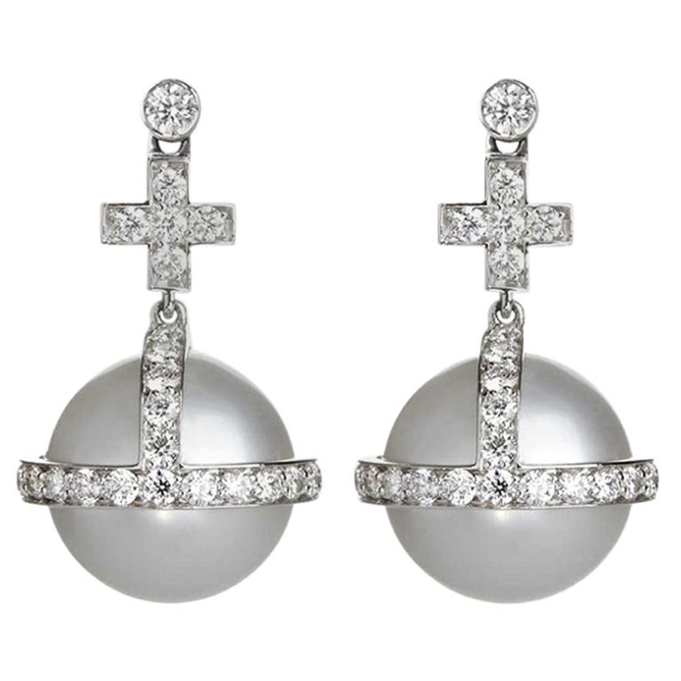 Sybarite Sceptre Earrings in White Gold with White Diamonds & South Sea Pearls For Sale