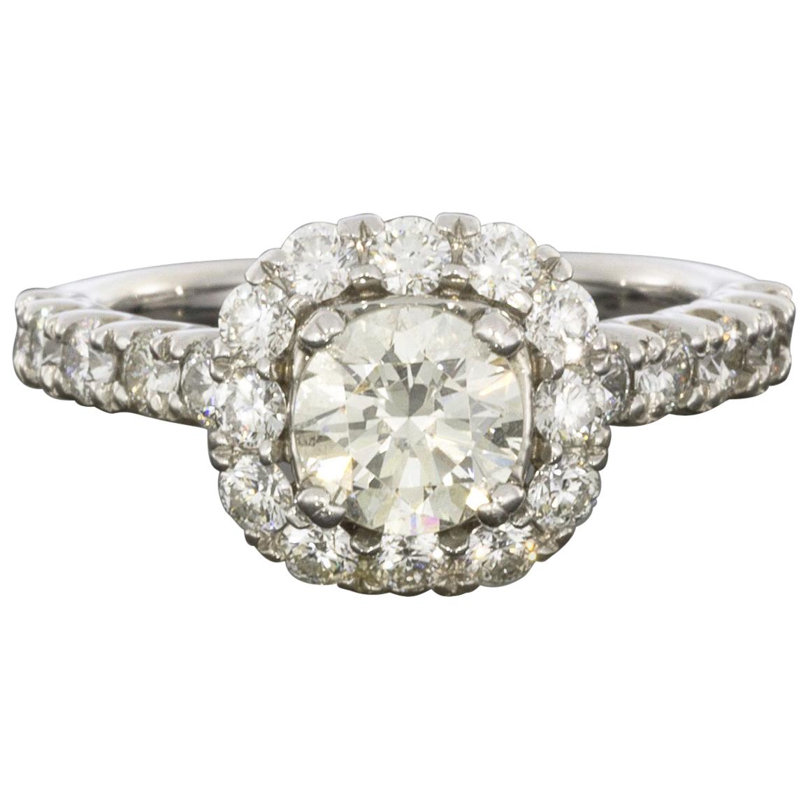 18 Karat White Gold 2.05 Carat Round Diamond Cushion Halo Engagement Ring