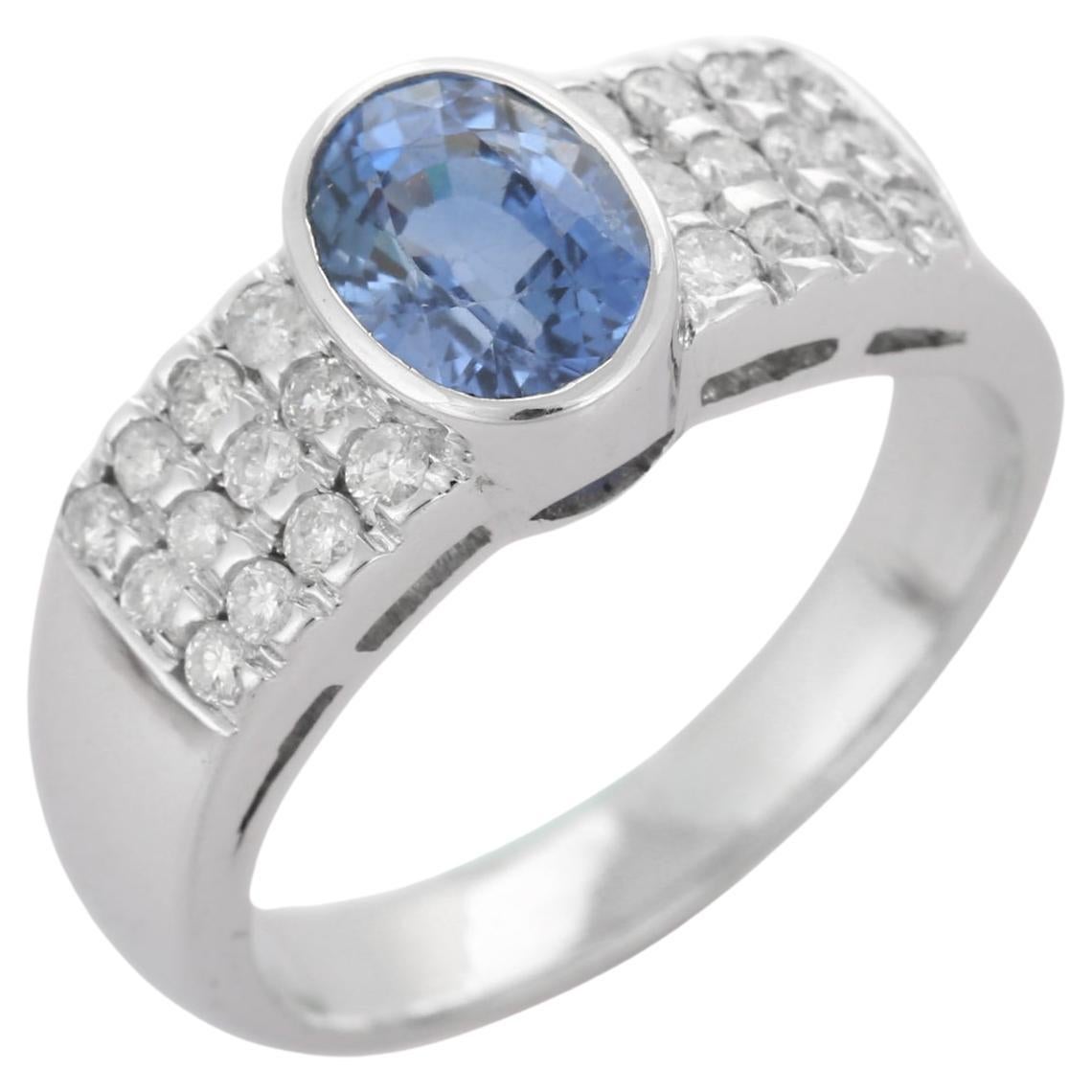 18k White Gold Oval Blue Sapphire and Diamond Engagement Ring for Men