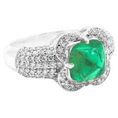 18 Karat Gold 2.08 Carat Natural Emerald Sugarloaf and Diamond Cluster Ring