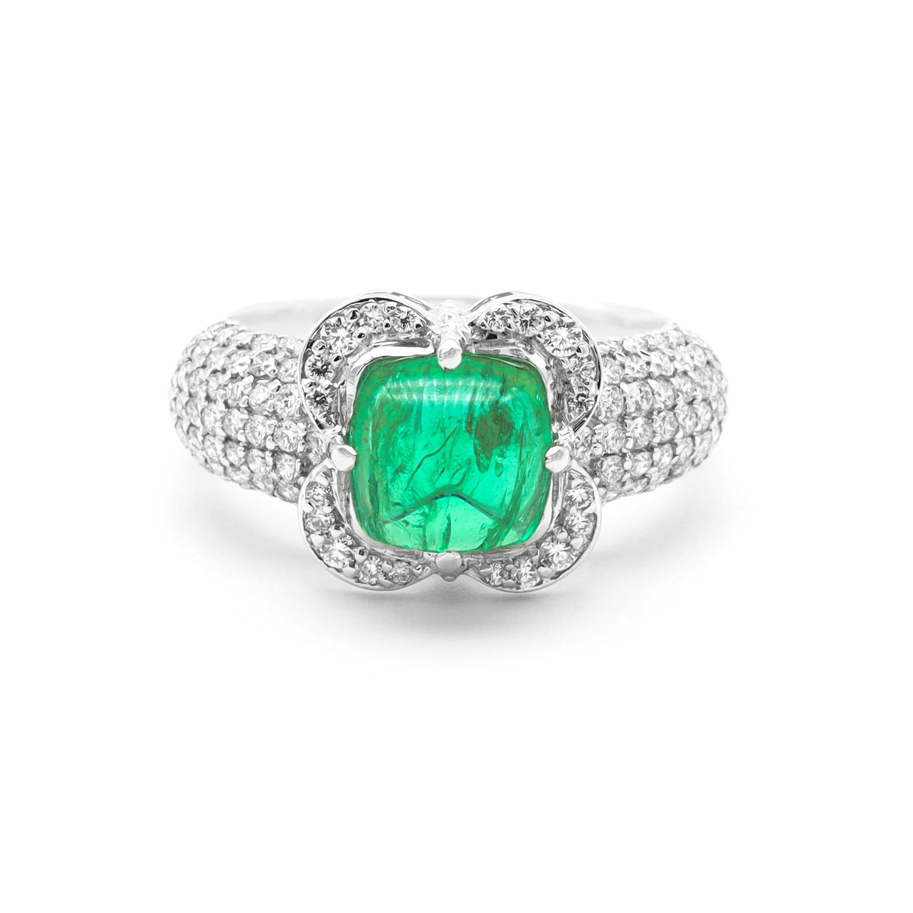 Women's 18 Karat Gold 2.08 Carat Natural Emerald Sugarloaf and Diamond Cluster Ring For Sale