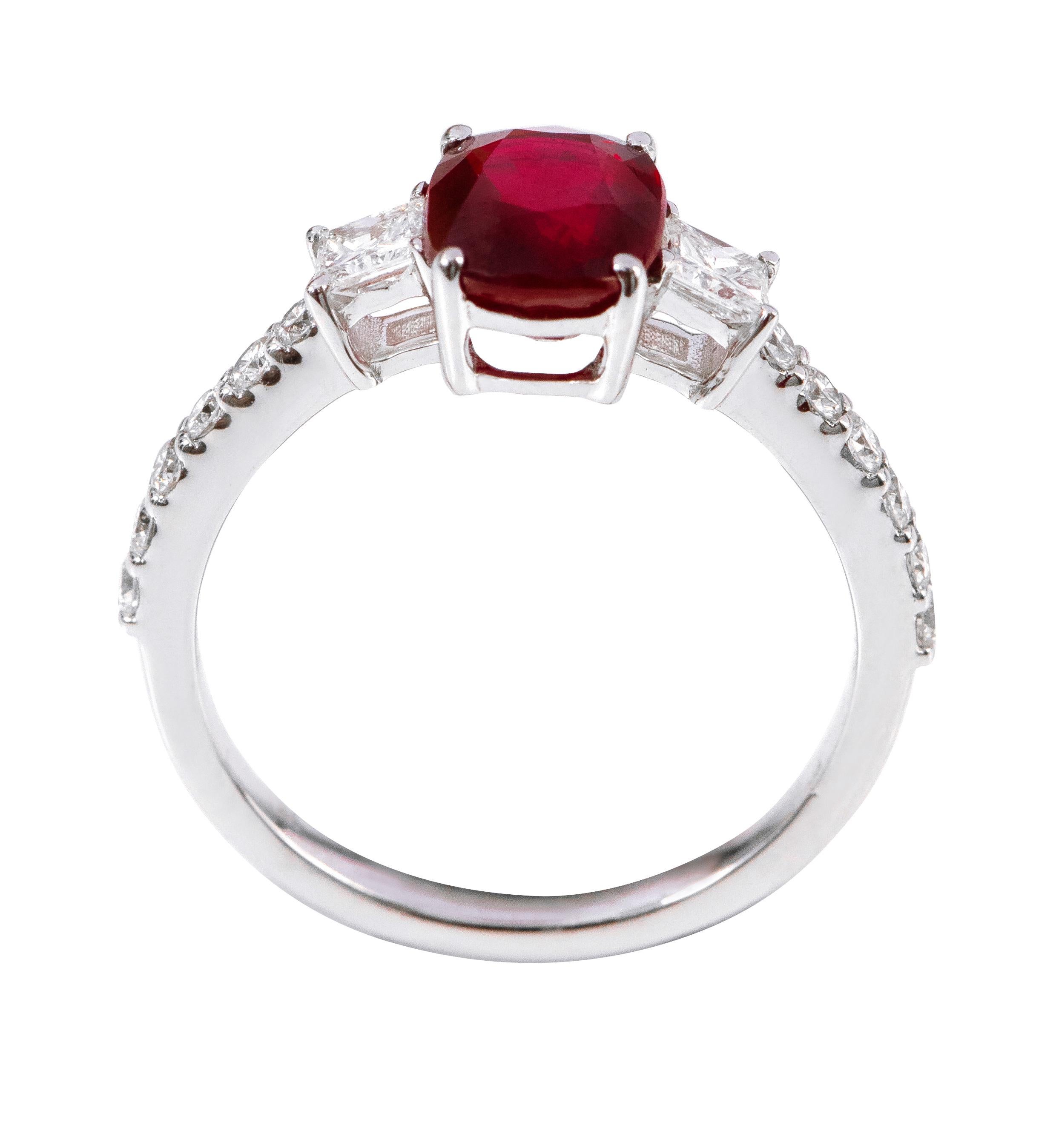 Women's 18 Karat White Gold 2.14 Carat Oval-Cut Ruby and Diamond Three-Stone Ring For Sale