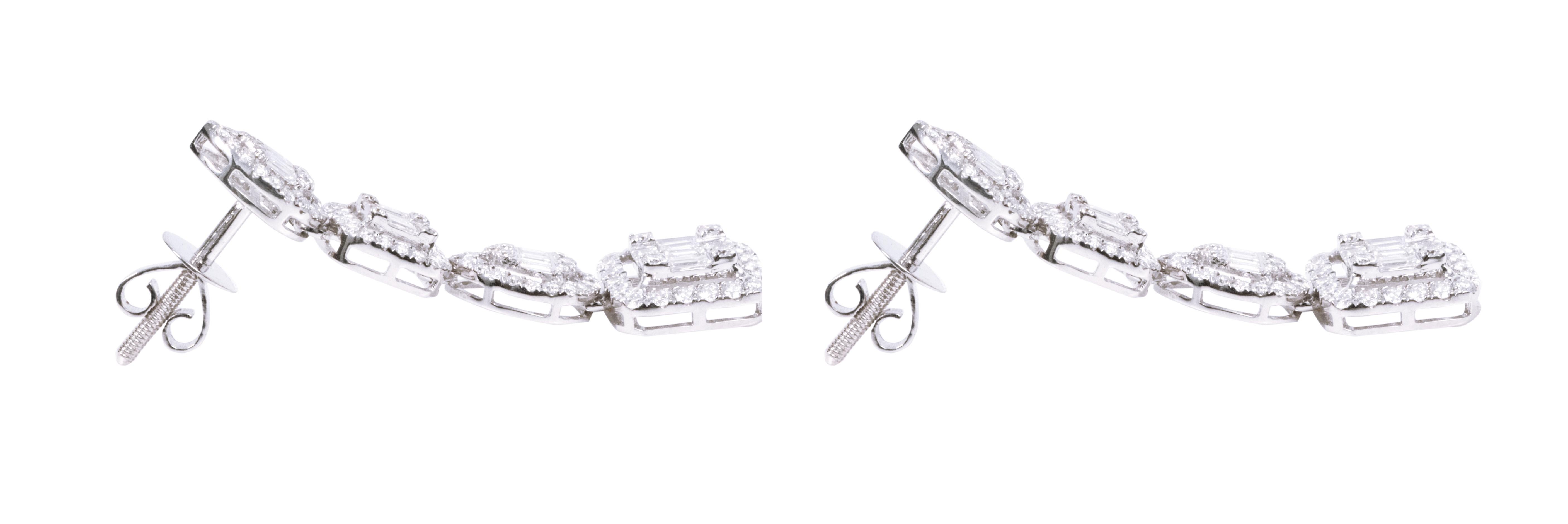 18 Karat White Gold 2.19 Carat Diamond Multi-Shape Diamond Drop Earrings In New Condition For Sale In Jaipur, IN
