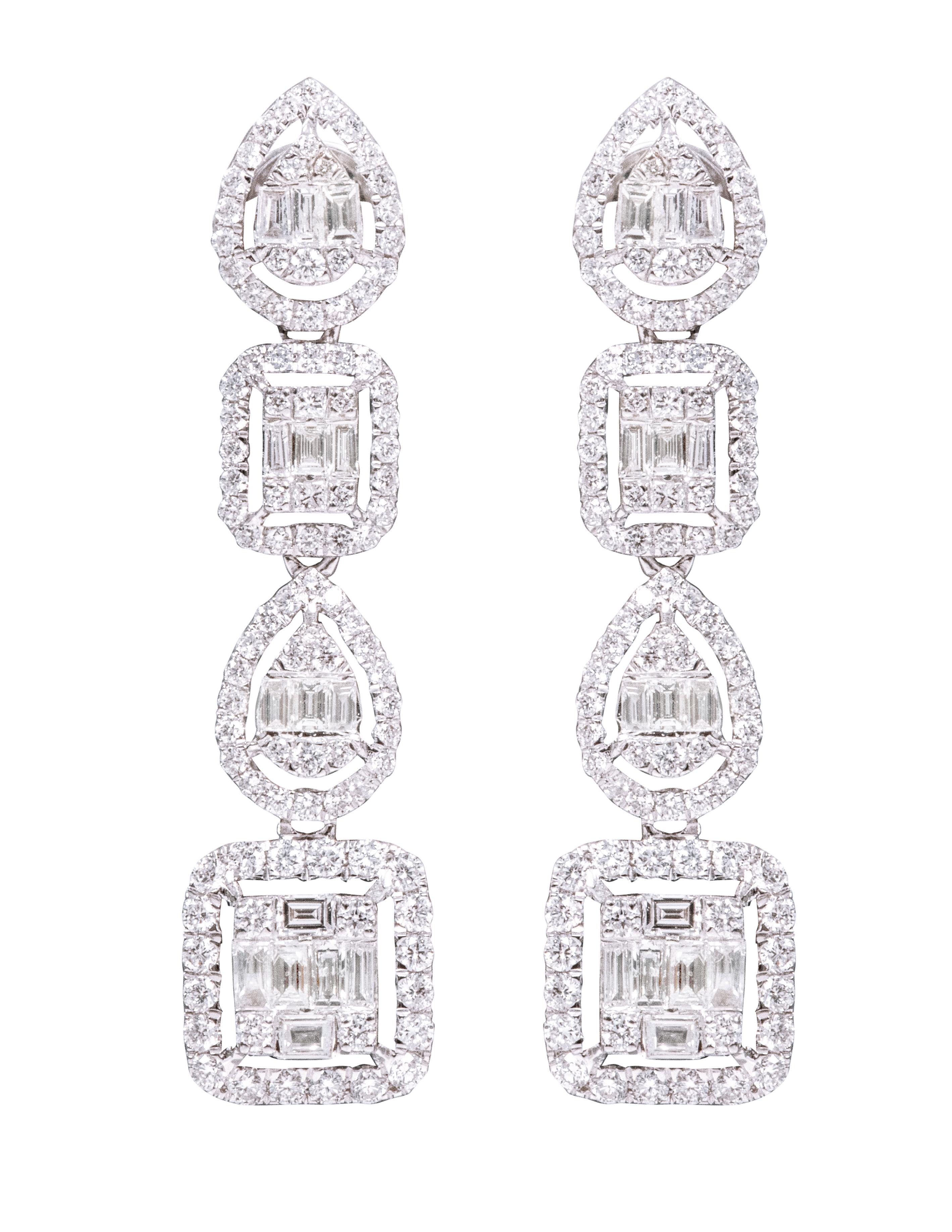 Women's 18 Karat White Gold 2.19 Carat Diamond Multi-Shape Diamond Drop Earrings For Sale
