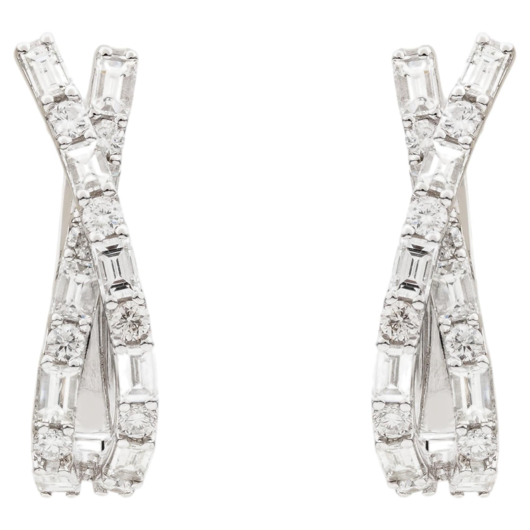 18 Karat White Gold 2.23 Carat Baguette & Round Diamond Crossover Hoop Earrings