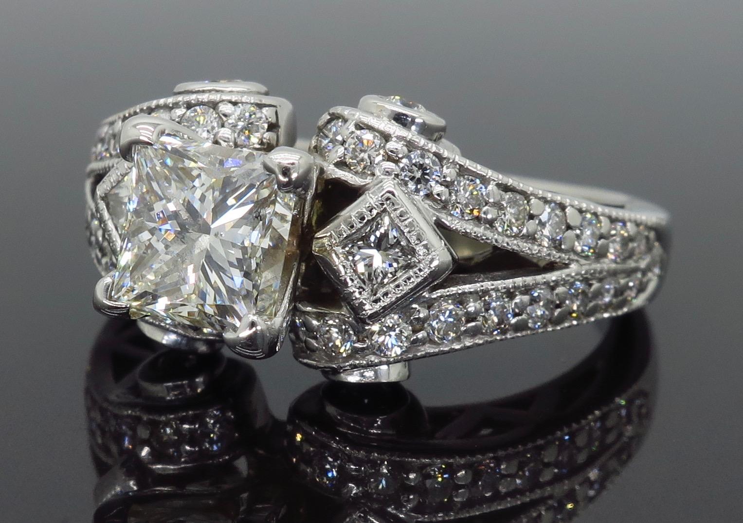 Women's or Men's 18 Karat White Gold 2.32 Carat Princess Cut Diamond Engagement Ring