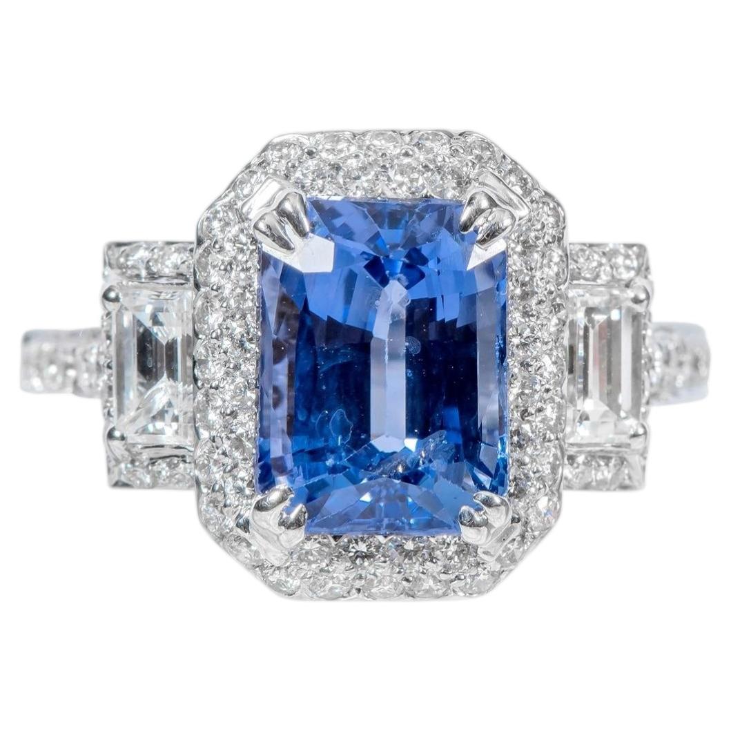 18 Karat White Gold 2.36 Carat Sapphire and Diamond Three-Stone Cluster Ring For Sale