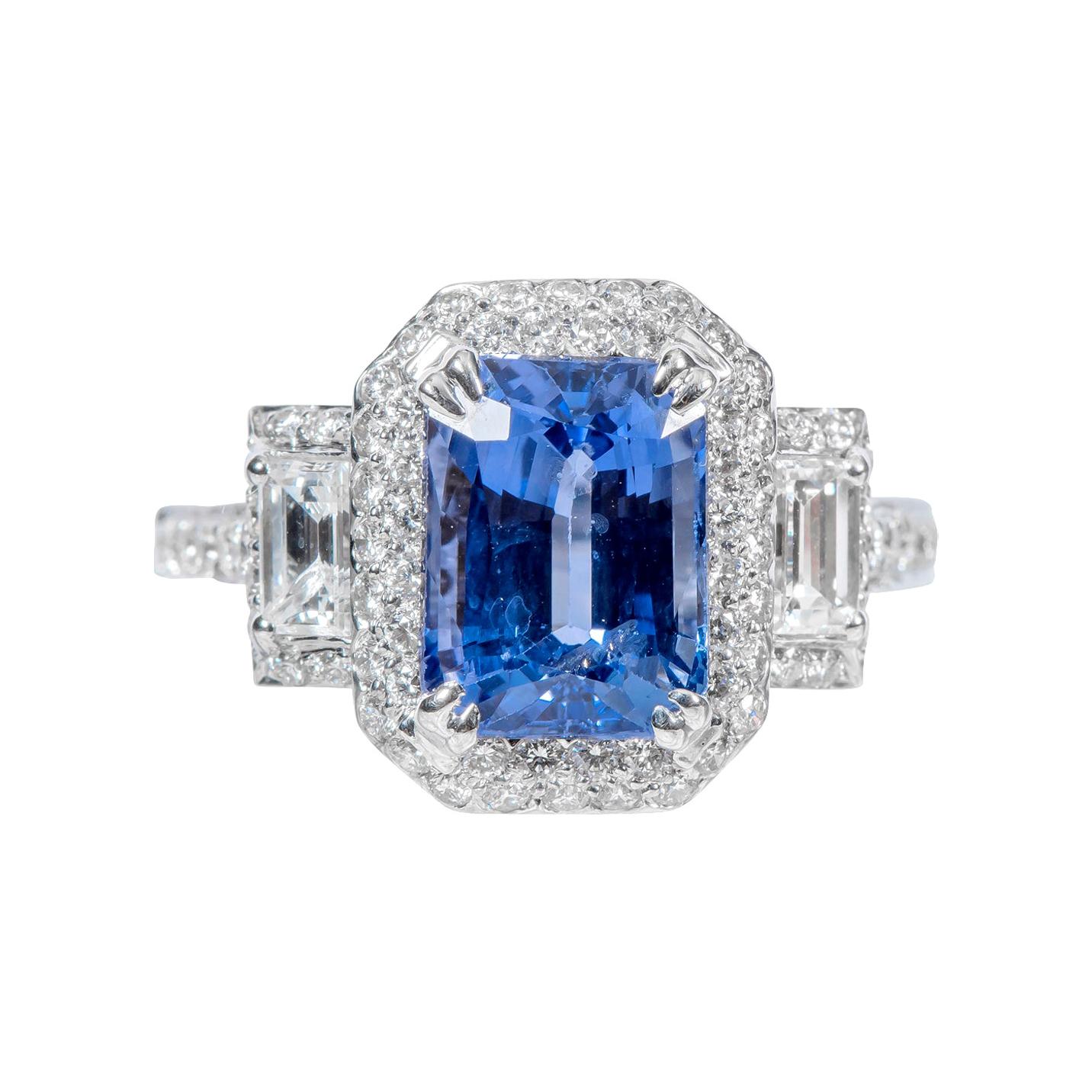 18 Karat White Gold 2.36 Carat Sapphire and Diamond Three-Stone Cluster Ring For Sale