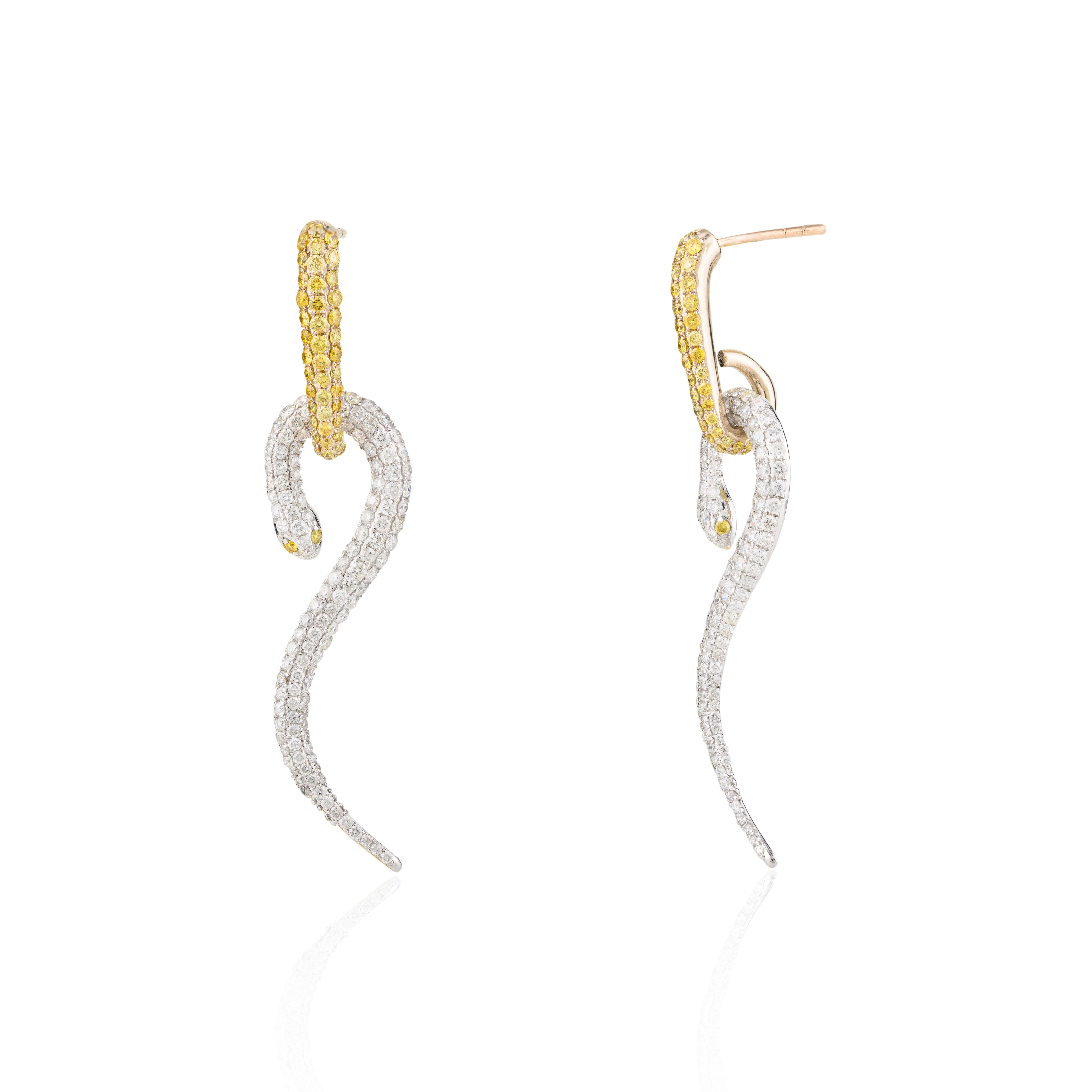 Modernist 18 Karat White Gold 2.37 CTW Yellow White Diamond Snake Dangle Earrings For Sale