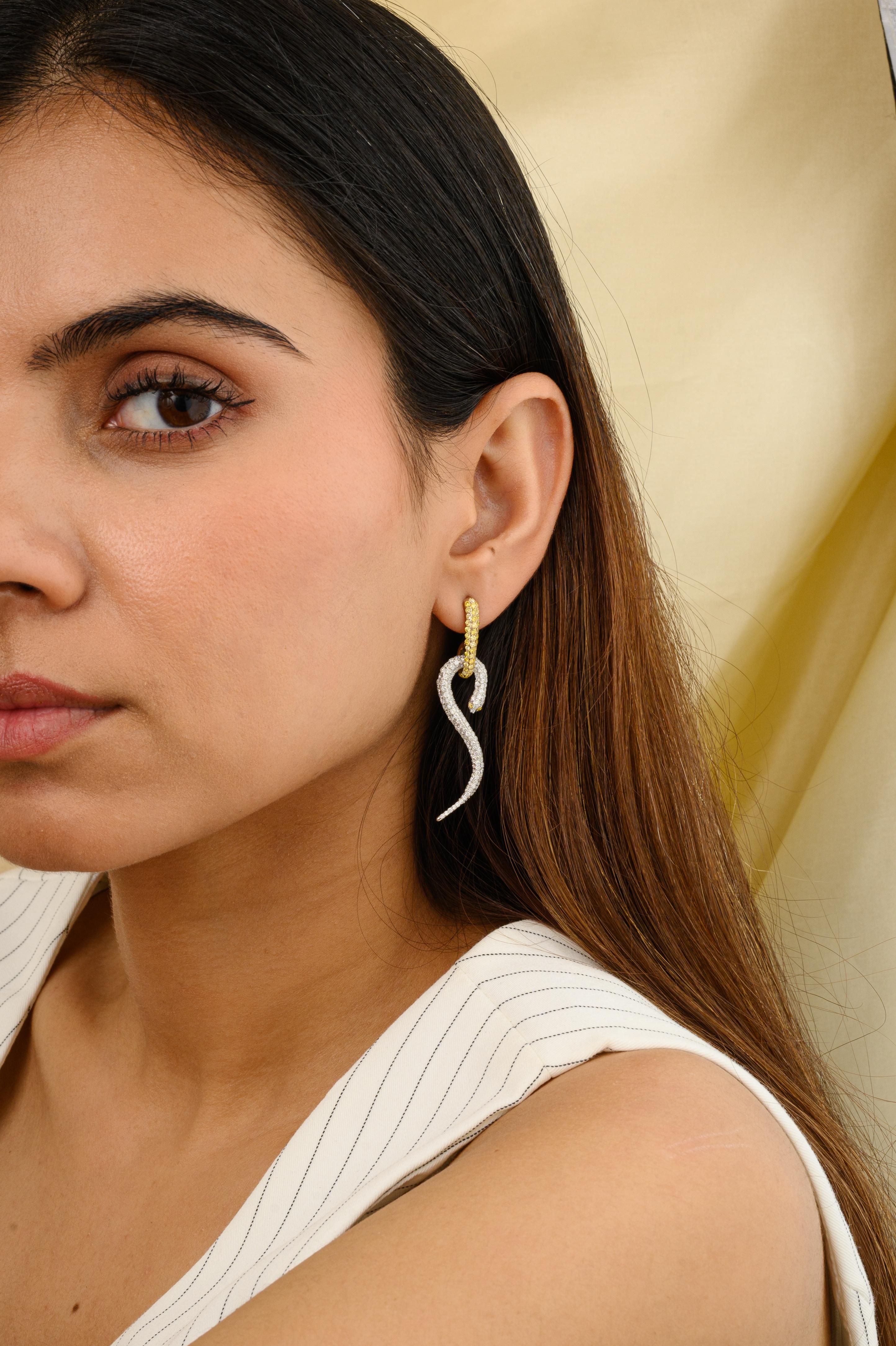 2.37 CTW Yellow White Diamond Snake Dangle Earrings in 18K Gold to make a statement with your look. You shall need dangle earrings to make a statement with your look. These earrings create a sparkling, luxurious look featuring round cut diamonds